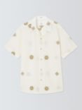 John Lewis Embroidered Linen & Cotton Revere Collar Shirt, Ecru/ Gold