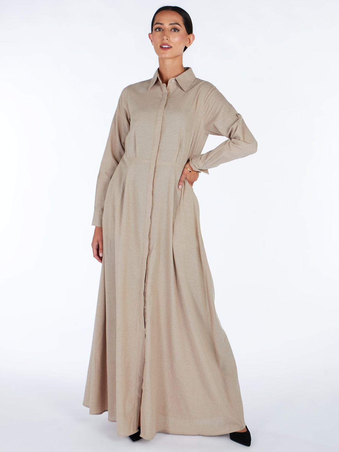 Aab Waist Pleated Cotton Maxi Dress, Beige, S Regular