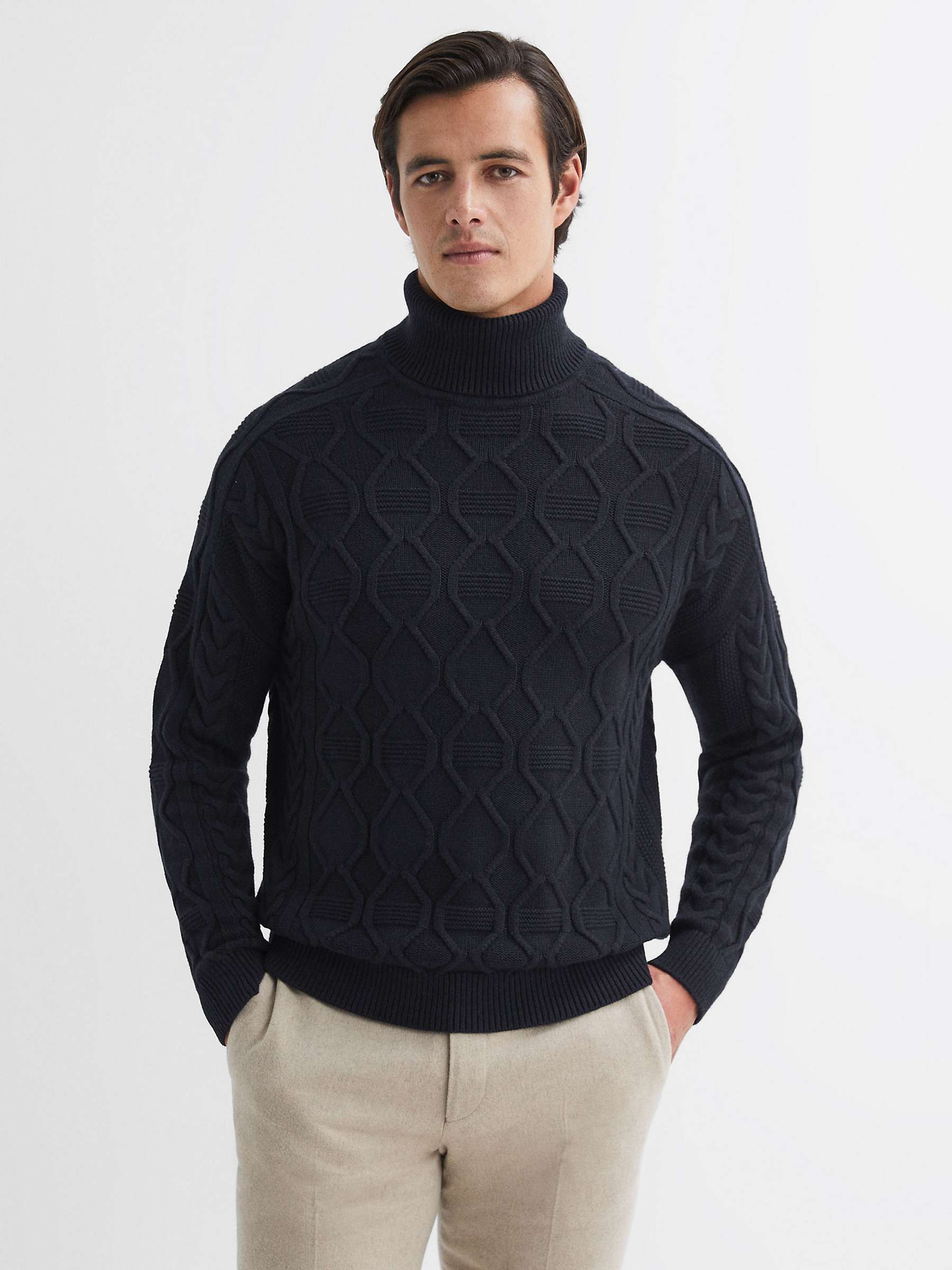 Buy Reiss Alston Long Sleeve Roll Neck Cable Knit Jumper, Navy Online at johnlewis.com