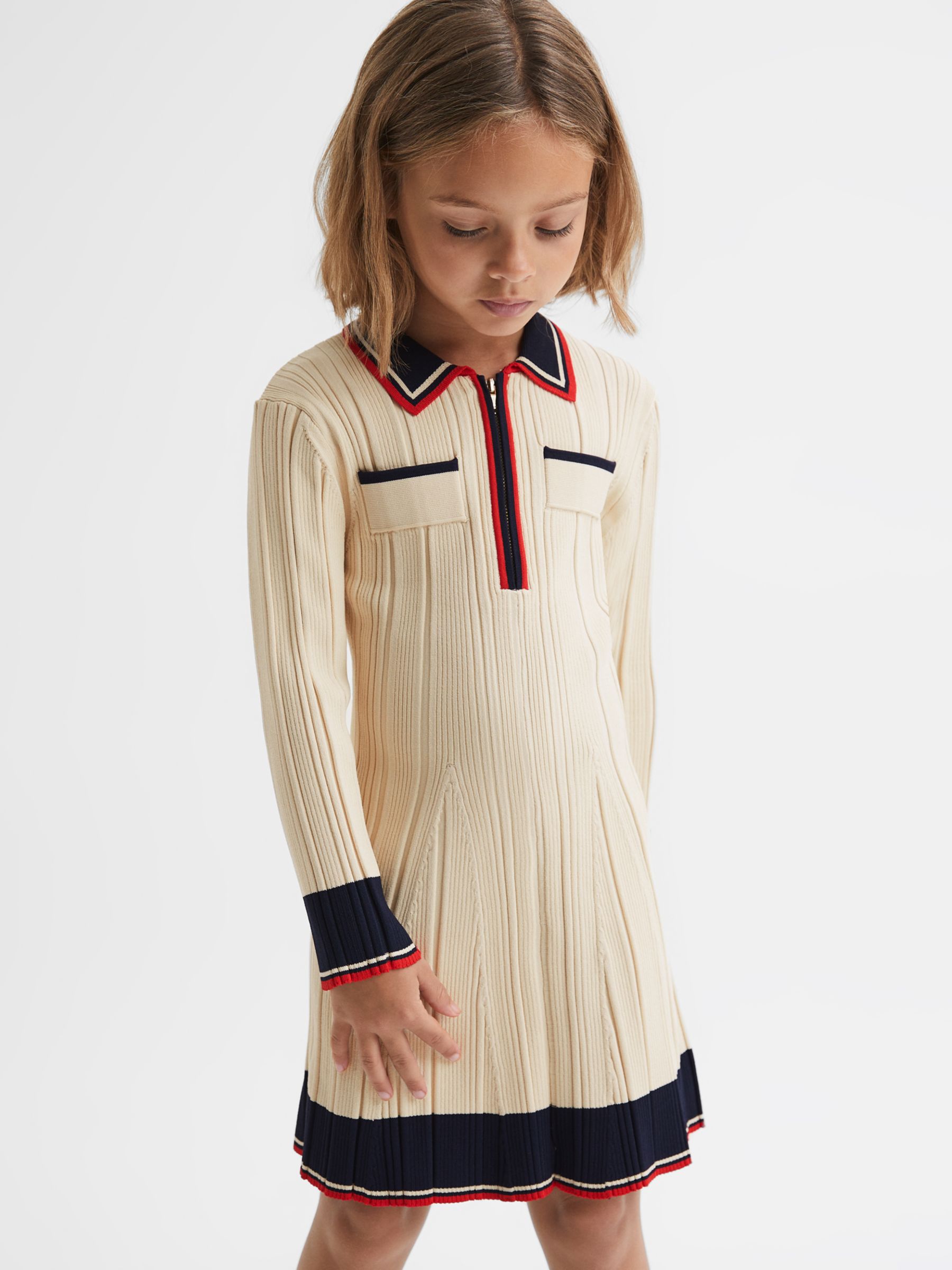 Reiss Kids' Annie Half Zip Skater Dress, Camel, 7-8 years