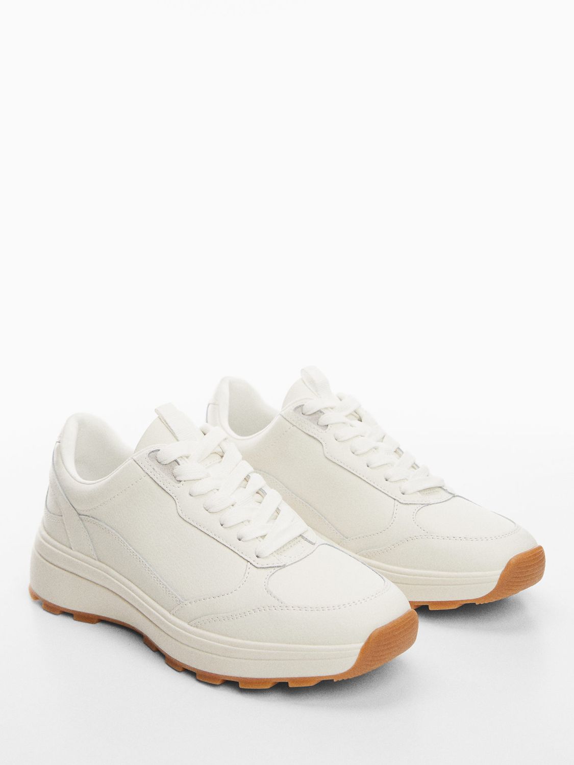 Mango Run Leather Mix Lace-Up Trainers, White at John Lewis & Partners