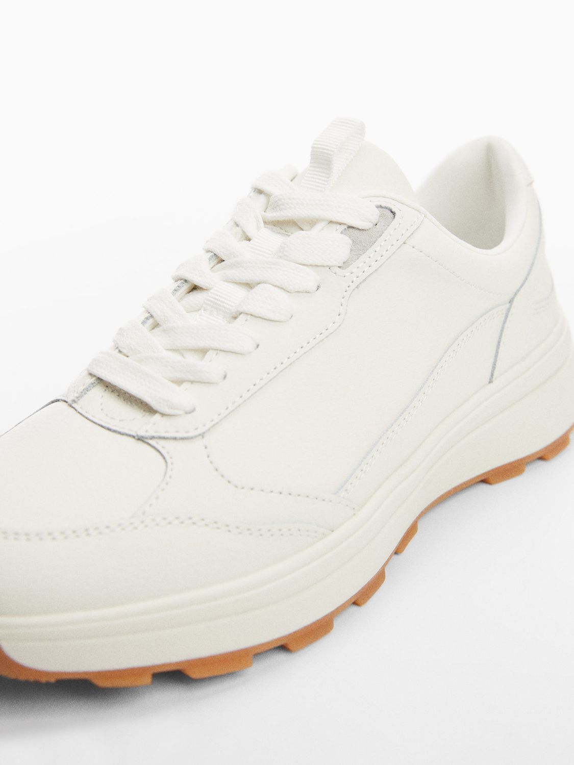 Mango Run Leather Mix Lace-Up Trainers, White, 6