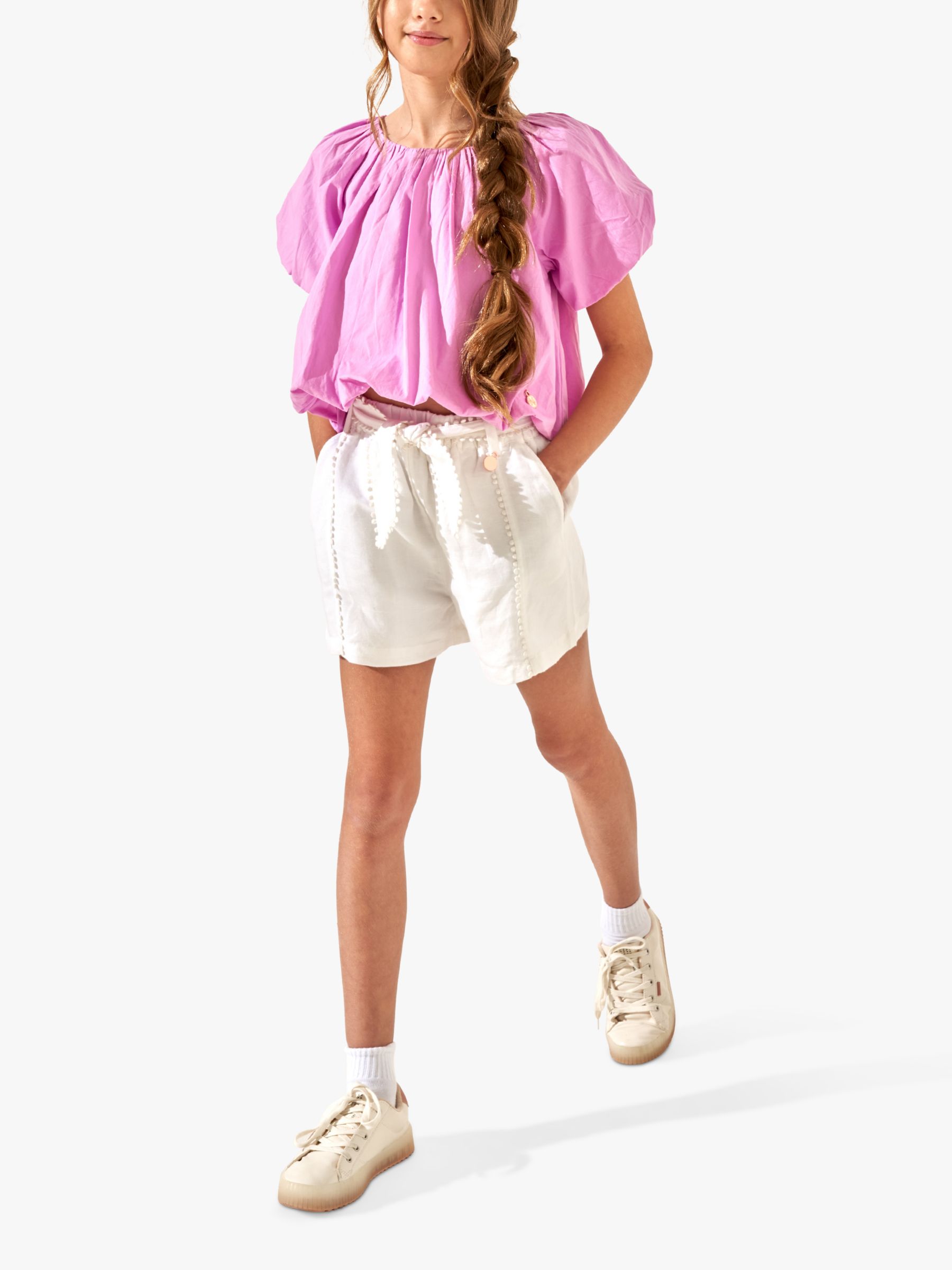 Angel & Rocket Kids' Erica Linen Blend Pom Pom Lace Trim Shorts, White, 3 years