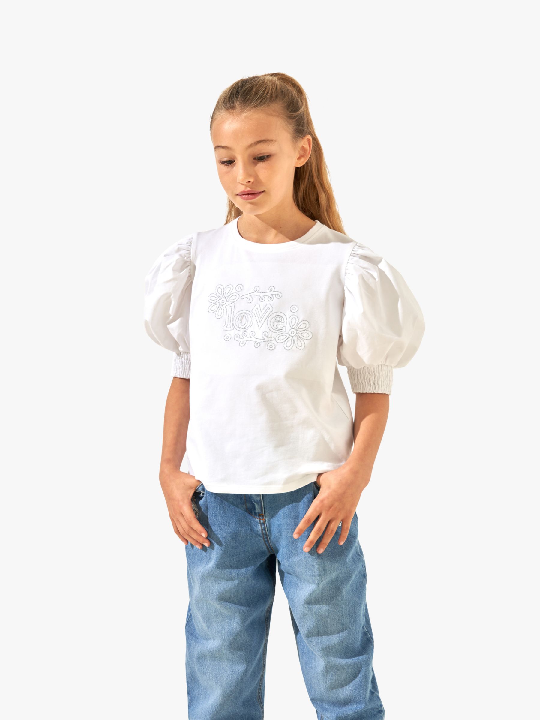 Angel & Rocket Kids' Embellished Love Puff Sleeve Top, White/Silver, 11-12 years