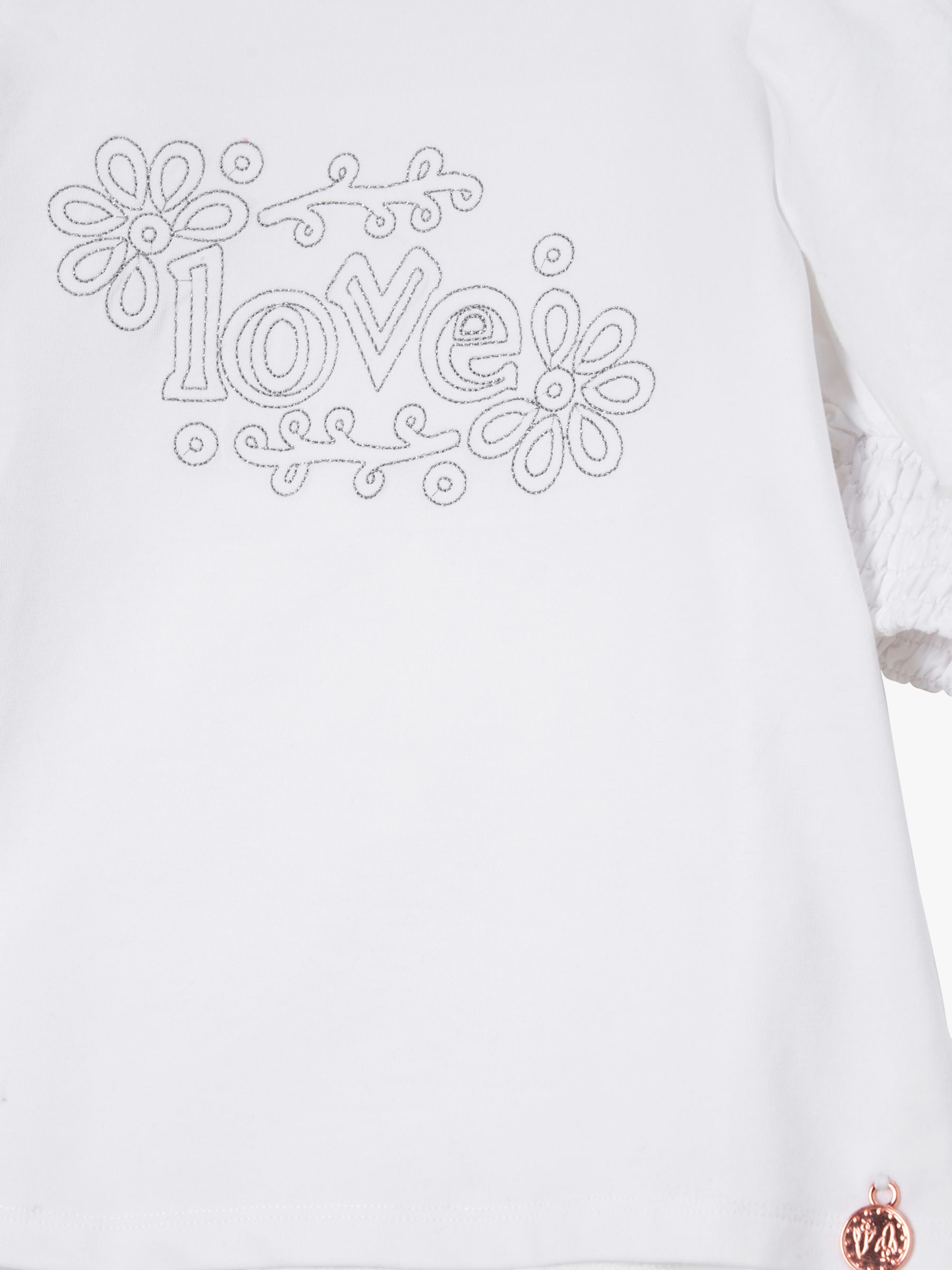 Angel & Rocket Kids' Embellished Love Puff Sleeve Top, White/Silver, 11-12 years