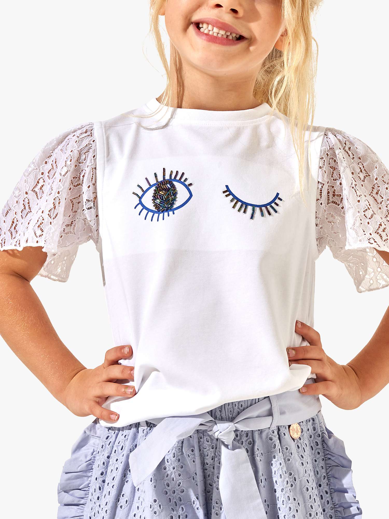 Buy Angel & Rocket Kids' Maya Beady Eye Lace Sleeve T-Shirt, White Online at johnlewis.com