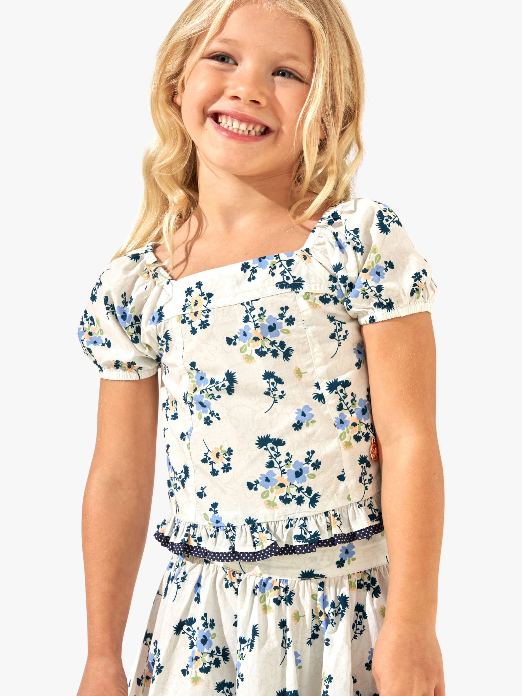 Angel & Rocket Kids' Floral Print Shirred Back Top, Cream/Blue, 3 years