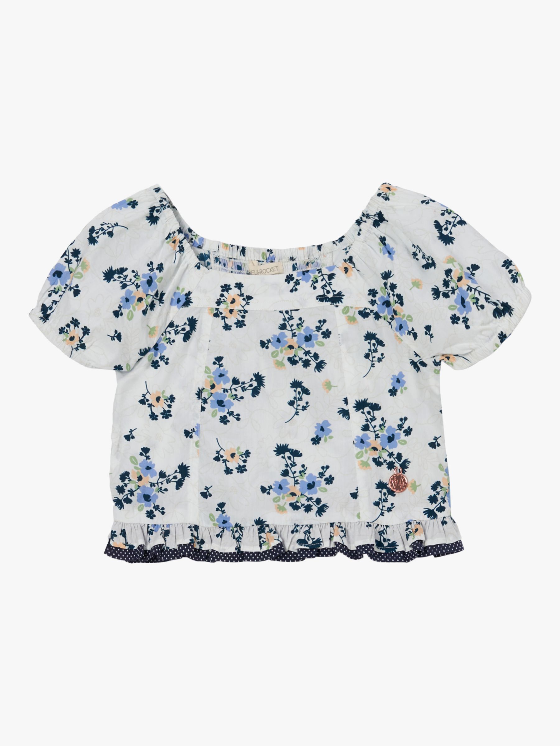 Angel & Rocket Kids' Floral Print Shirred Back Top, Cream/Blue at John ...
