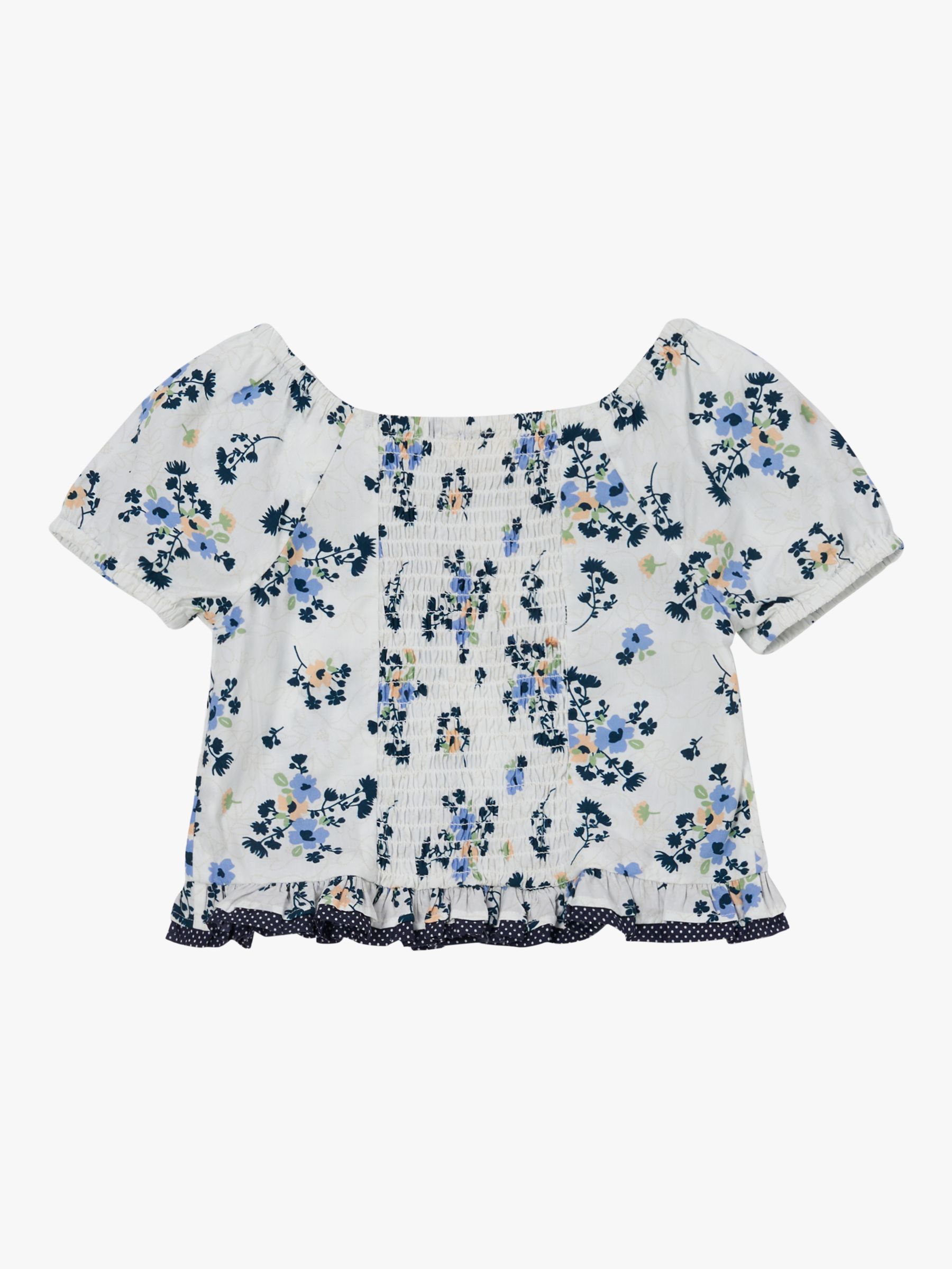 Angel & Rocket Kids' Floral Print Shirred Back Top, Cream/Blue, 3 years