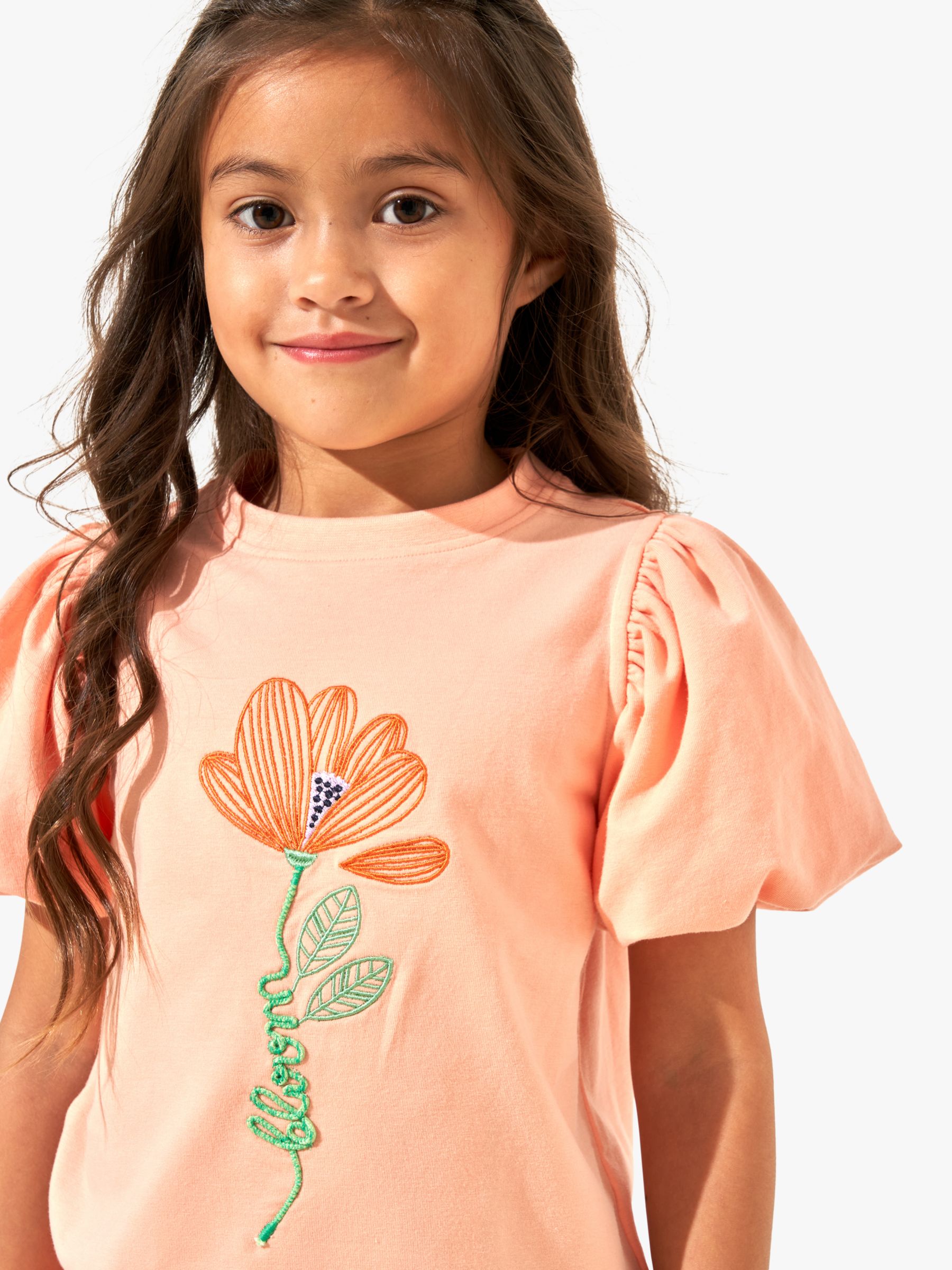 Angel & Rocket Kids' Embroidered Puff Sleeve Top, Apricot, 9-10 years