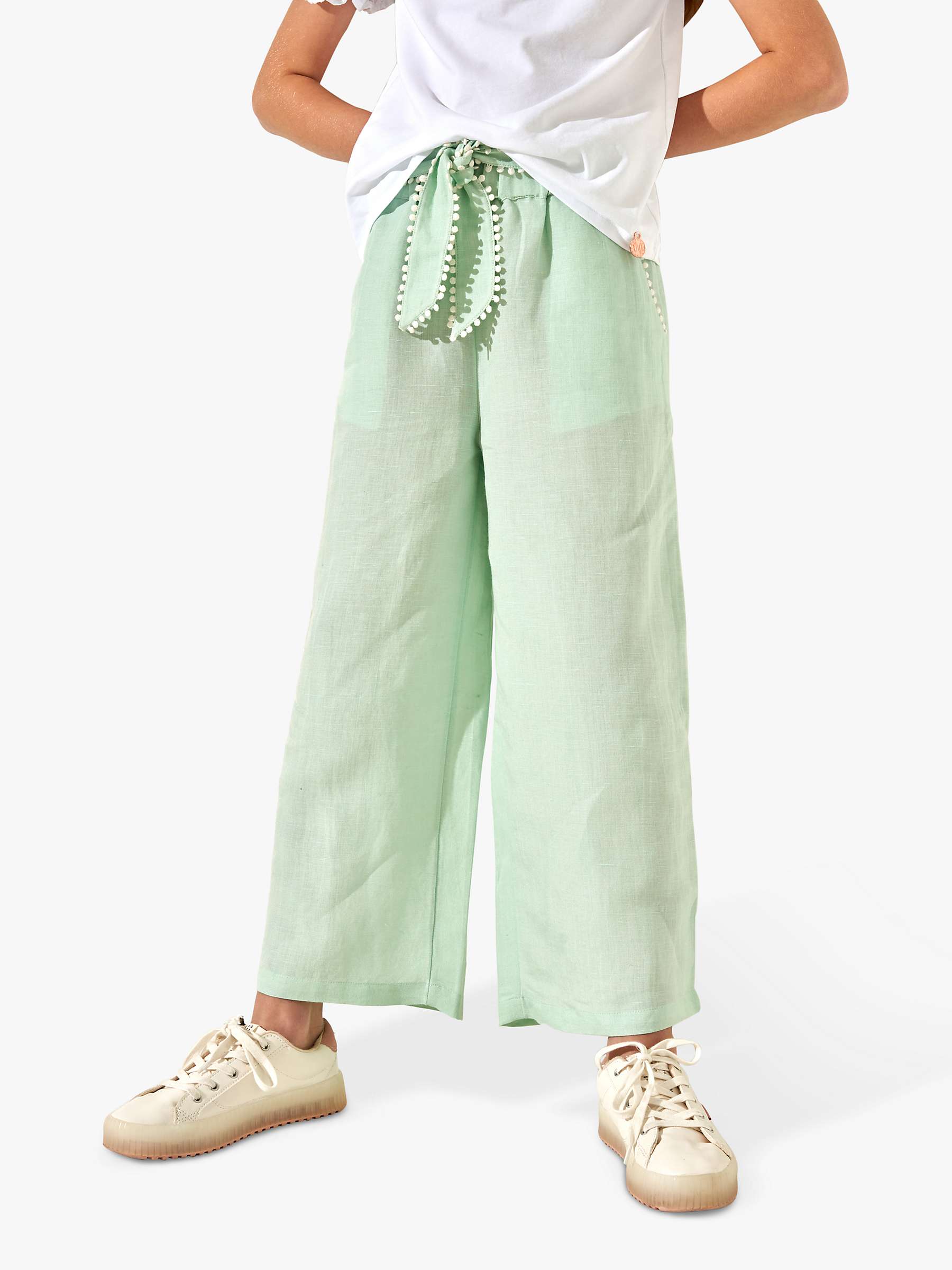 Buy Angel & Rocket Kids' Erica Linen Blend Bobble Trim Cropped Trousers, Green Online at johnlewis.com