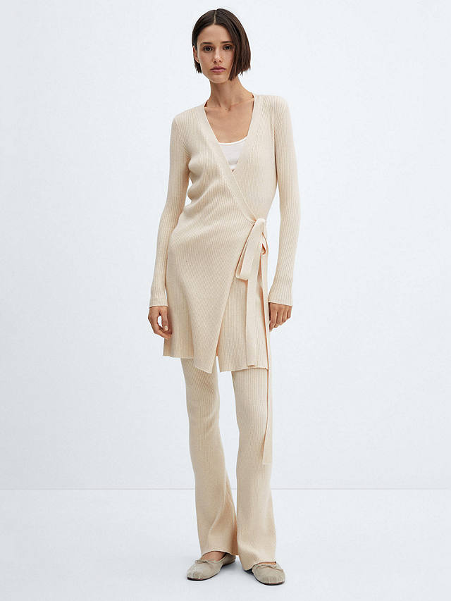 Mango Flare Wrap Over Cable Knit Cardigan, Light Beige