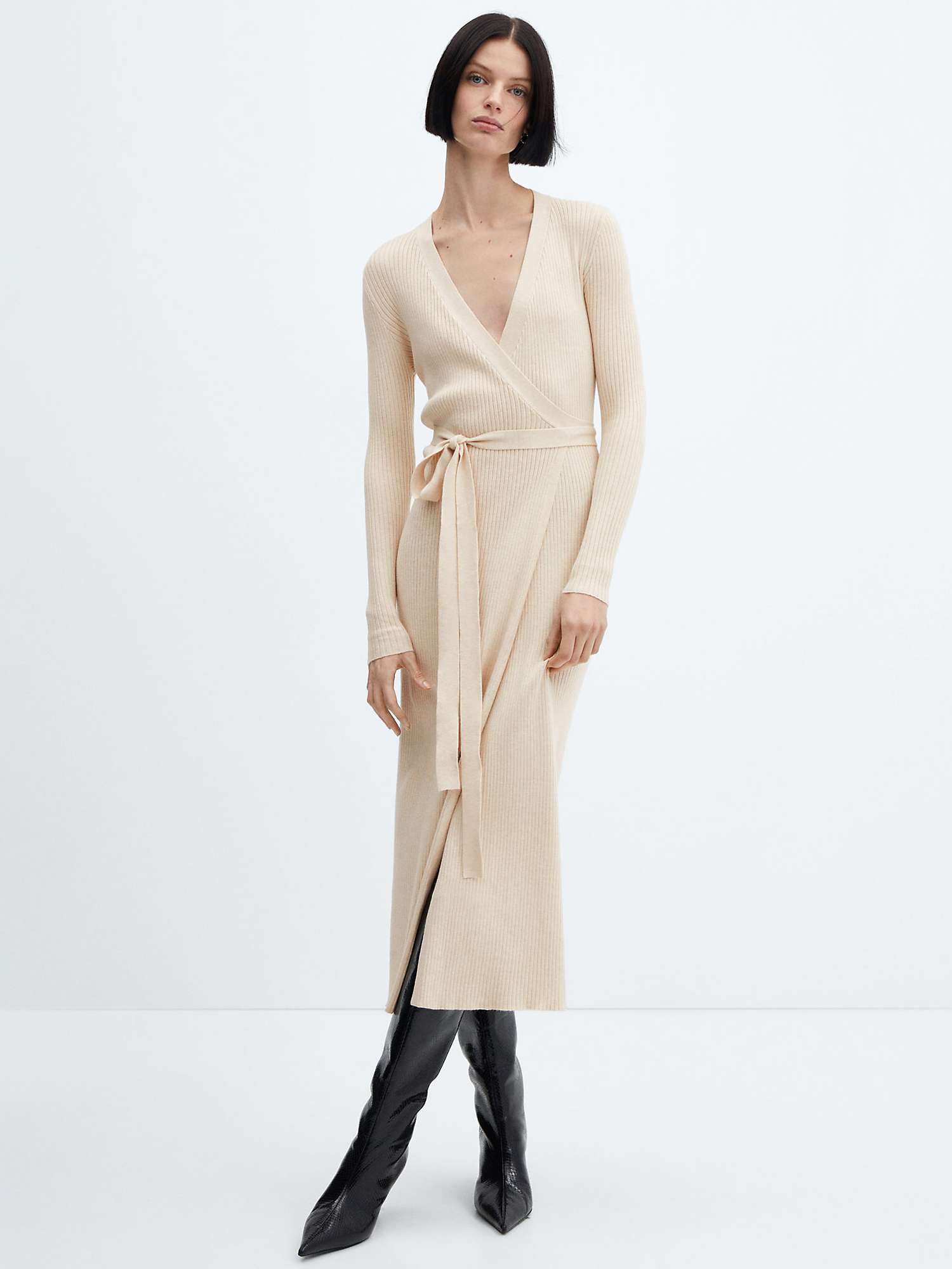 Buy Mango Flare Wrap Ribbed Midi Dress, Light Beige Online at johnlewis.com
