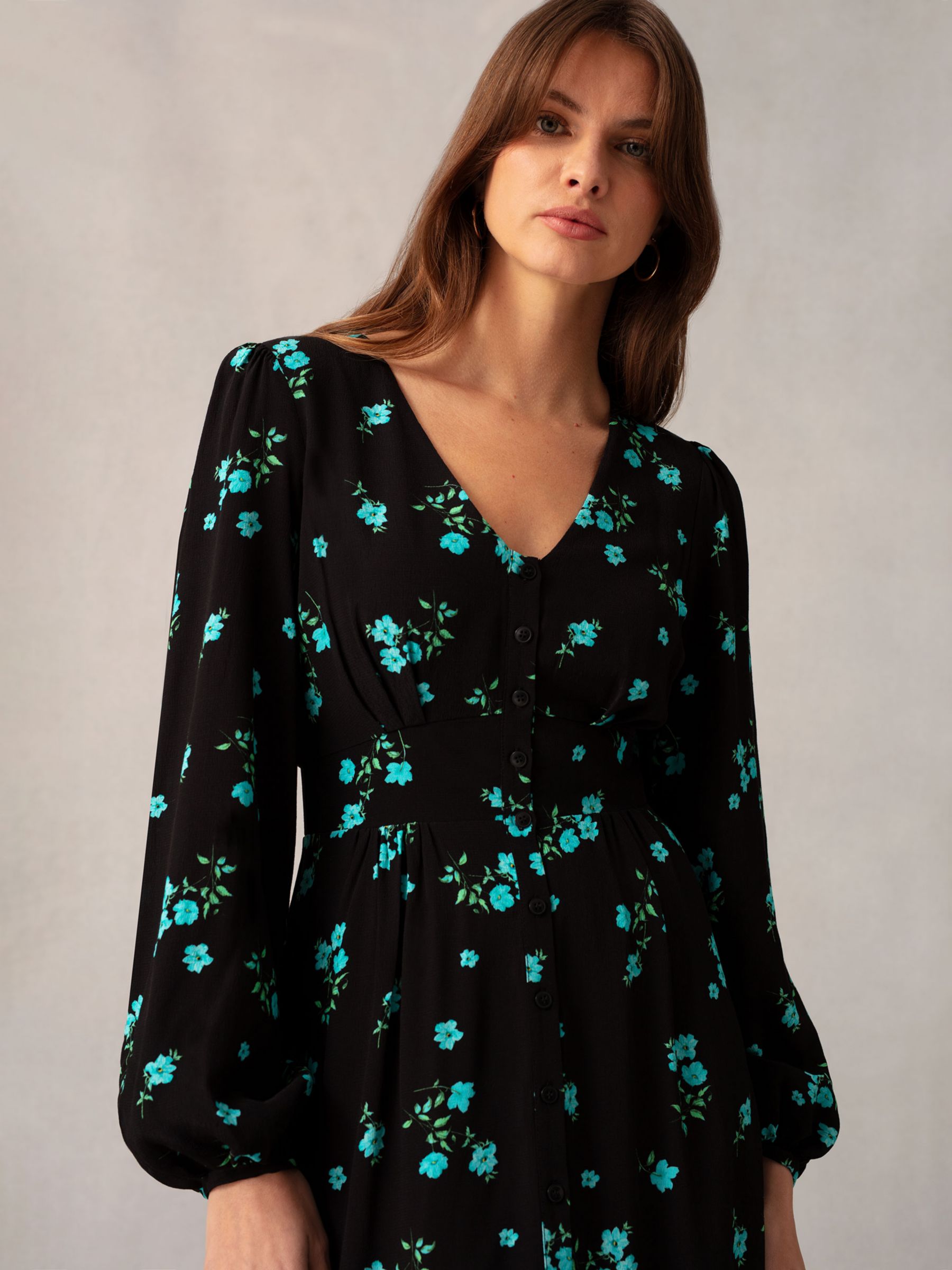 Ro&Zo Floral Cluster Print Midi Dress, Black/Multi, 14
