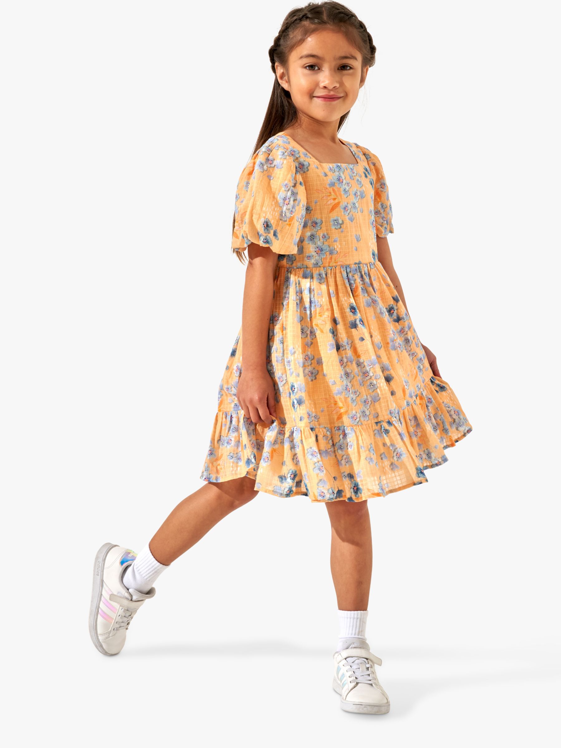 Angel & Rocket Kids' Simone Textured Floral Print Dress, Apricot/Multi ...