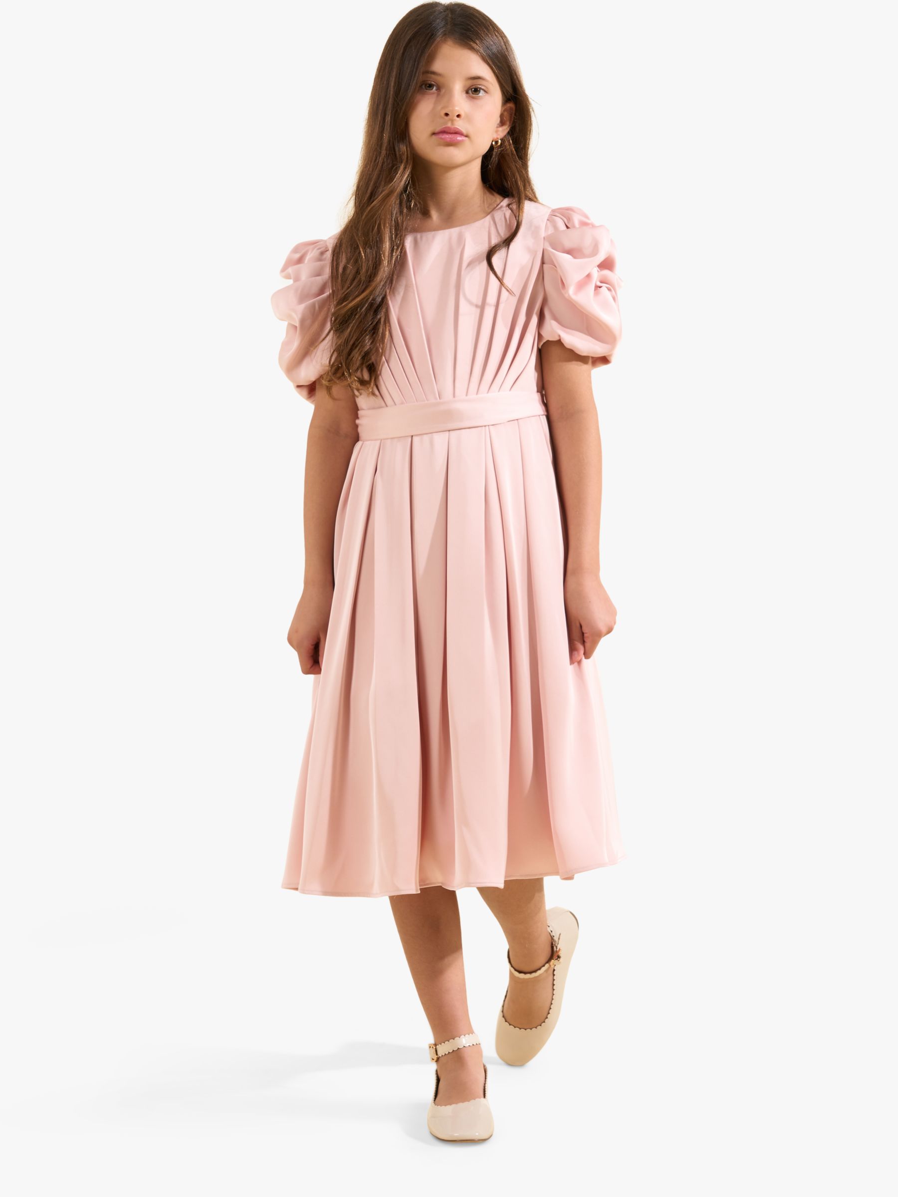 Angel & Rocket Kids' Portia Pleated Bodice Puff Sleeve Occasion Dress, Blush, 10 years