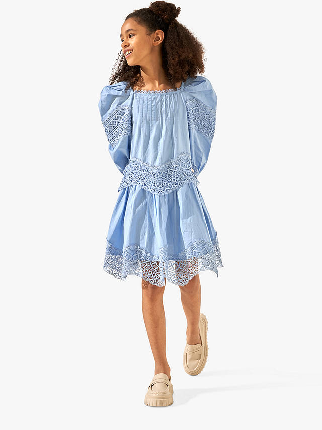 Angel & Rocket Kids' Lace Pintuck Knee Length Dress, Cornflower