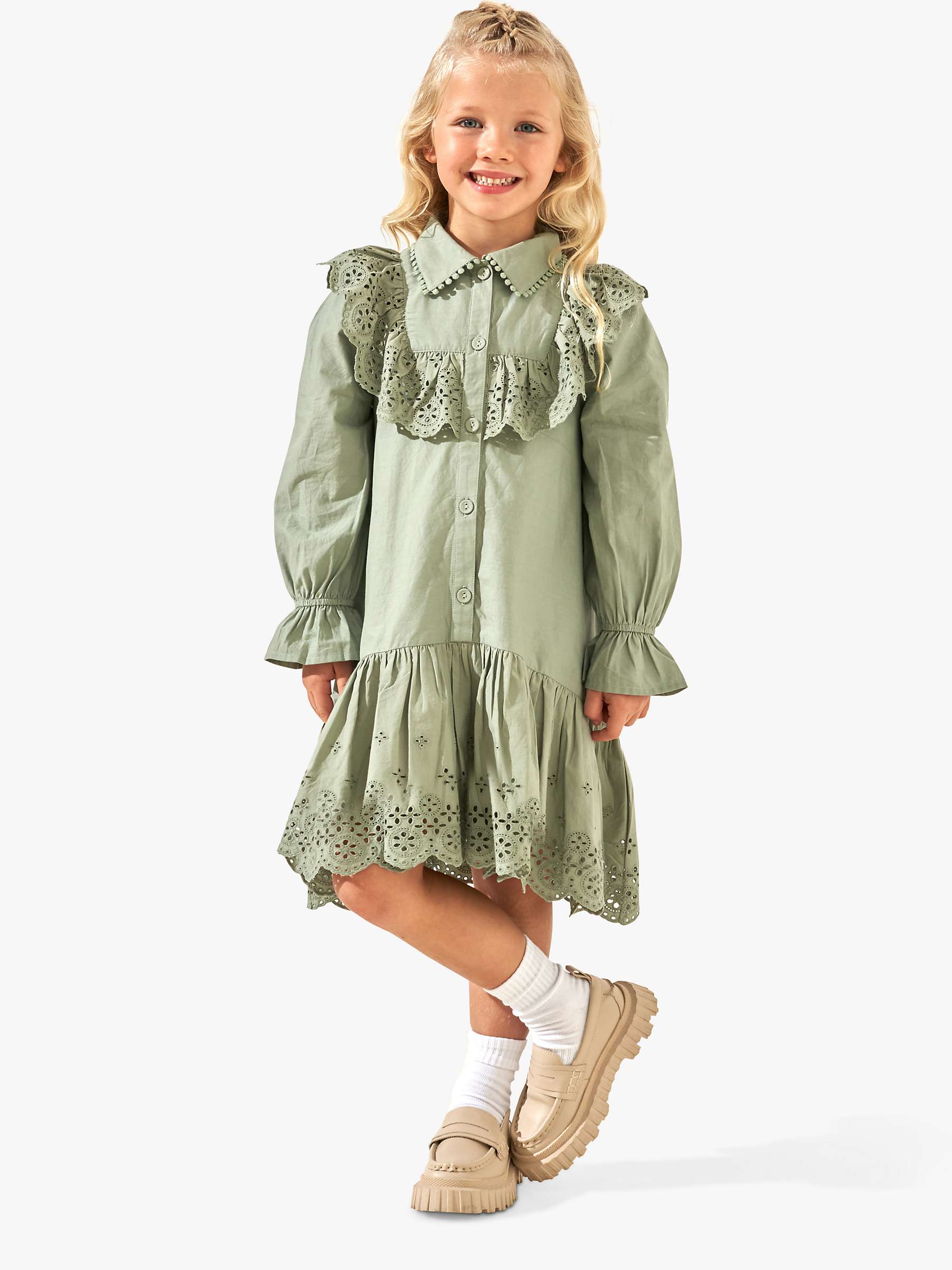 Buy Angel & Rocket Kids' Amelie Broderie Shirt Dress, Sage Online at johnlewis.com