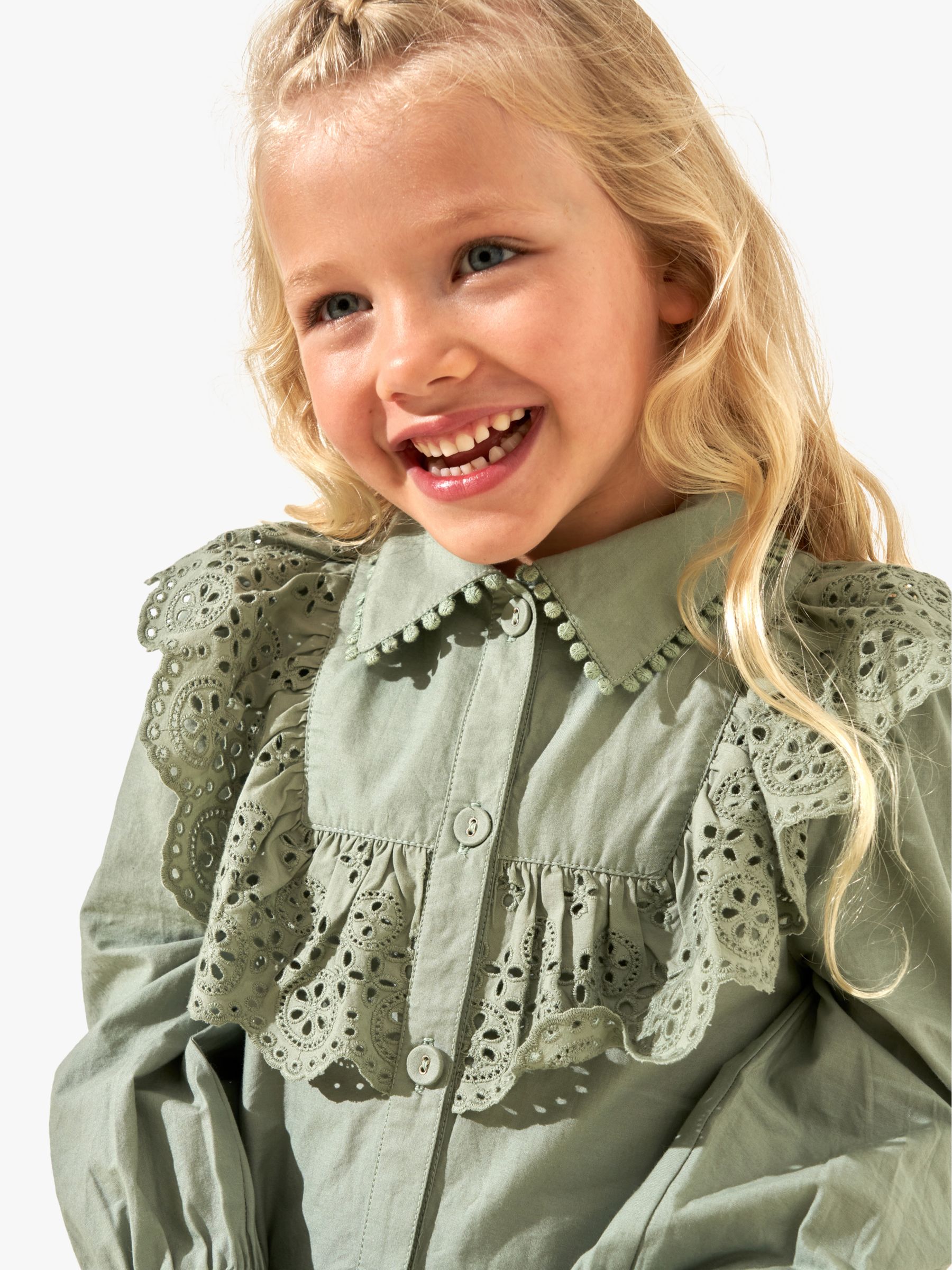 Buy Angel & Rocket Kids' Amelie Broderie Shirt Dress, Sage Online at johnlewis.com