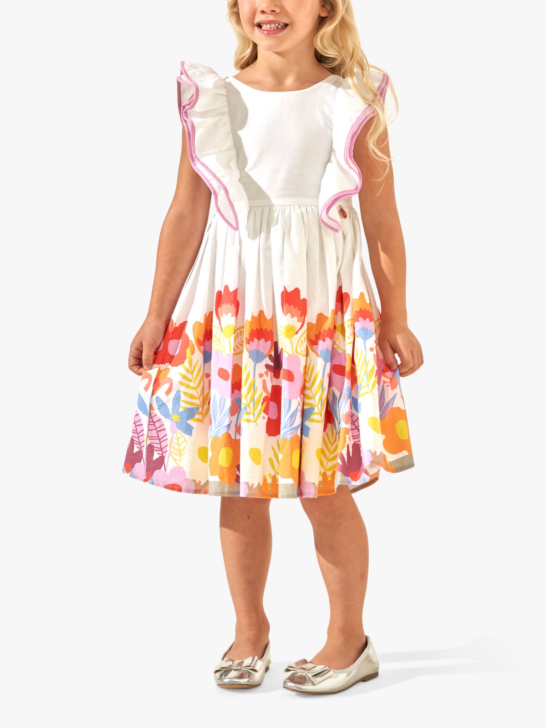 Angel & Rocket Kids' Renee Floral Border Print Ruffle Dress, White, 8 years