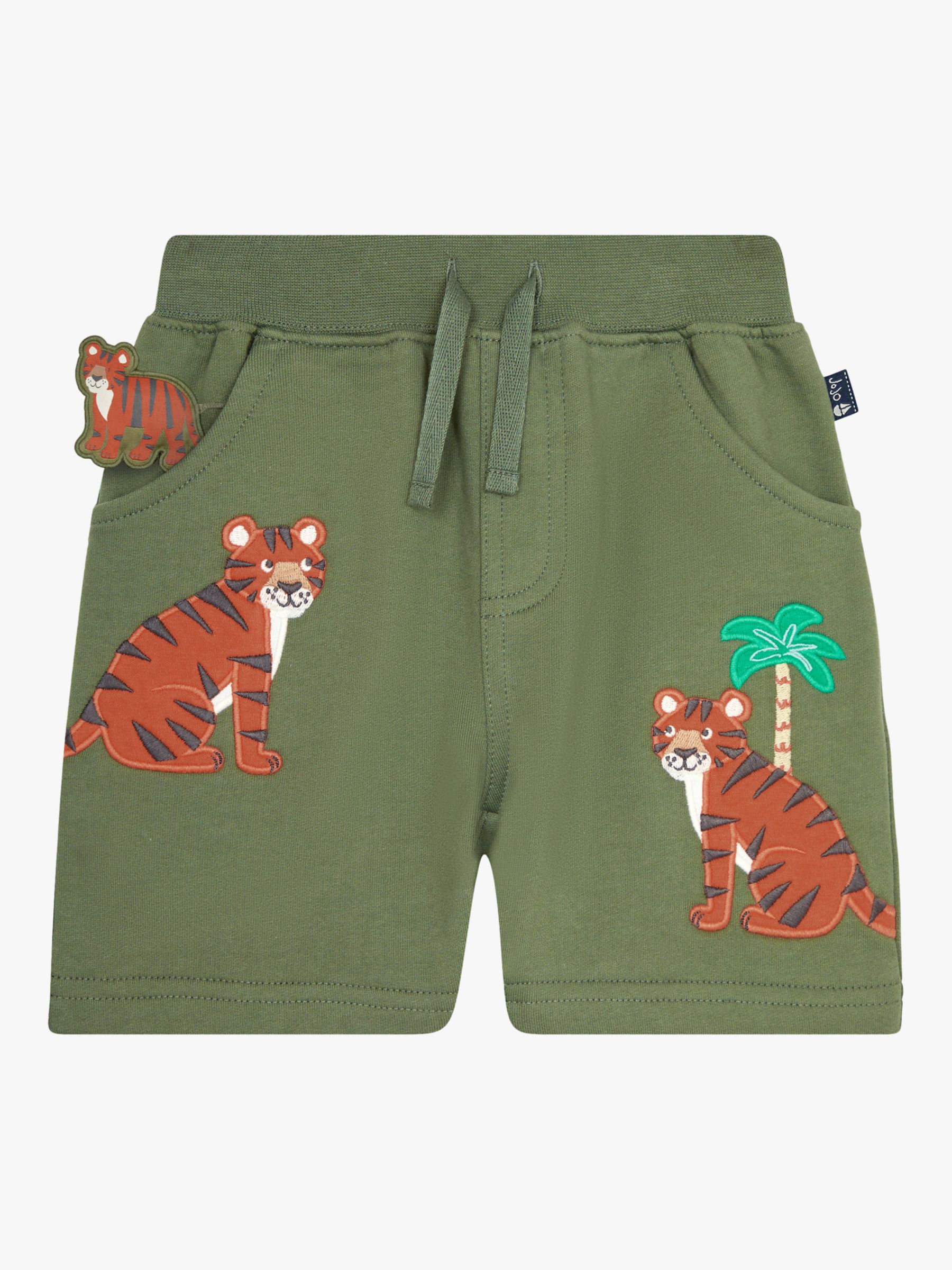 JoJo Maman Bébé Baby Tiger Applique Pocket Drawstring Shorts, Khaki, 3-4 years