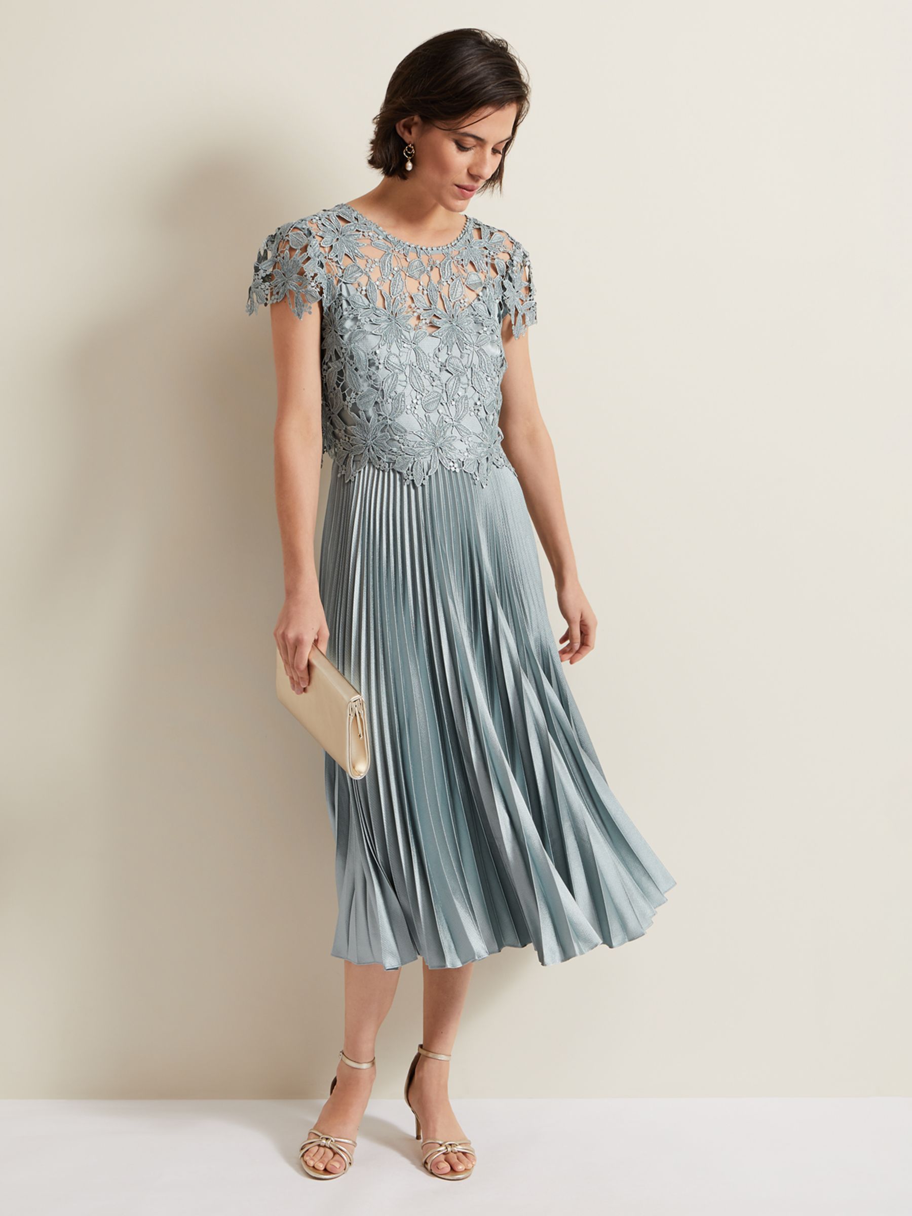 Buy Phase Eight Dana Lace Top Pleated Midi Dress, Light Green Online at johnlewis.com