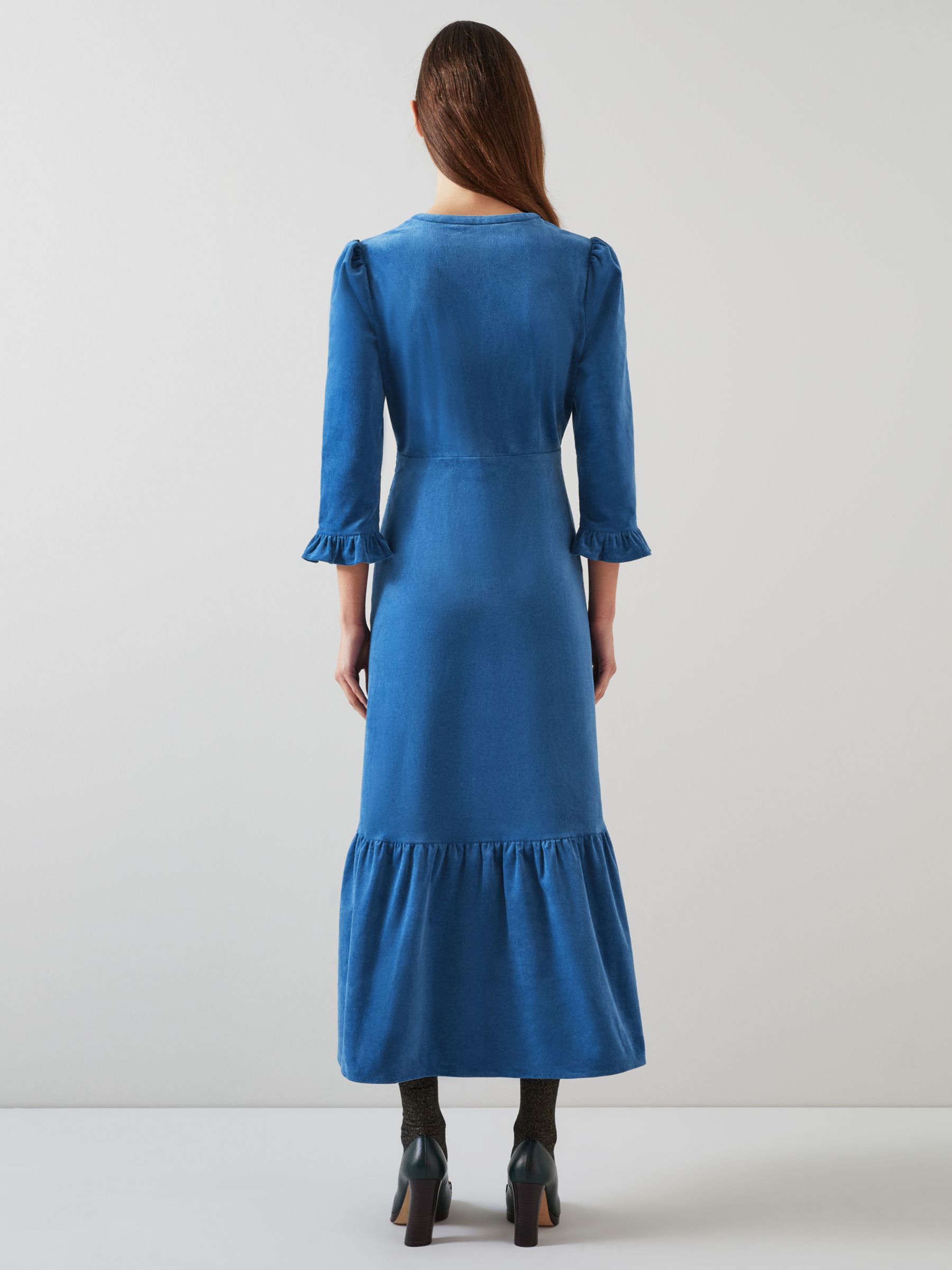 L.K.Bennett Deborah Tiered Midi Cord Dress, Blue, 6
