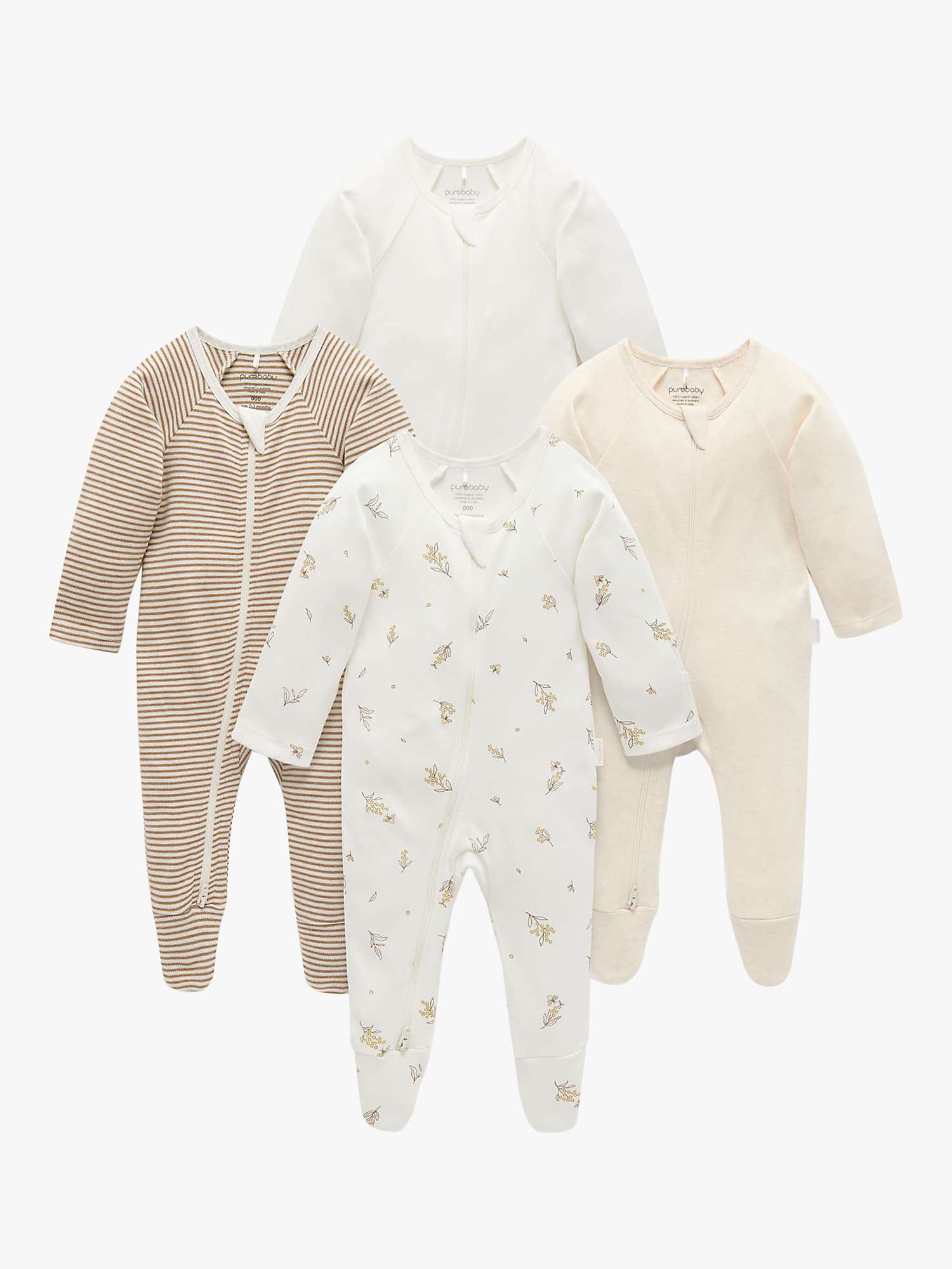 Buy Purebaby Baby Organic Cotton Floral/Stripe/Plain Sleepsuits, Pack of 4, Vanilla Wattlebee Online at johnlewis.com