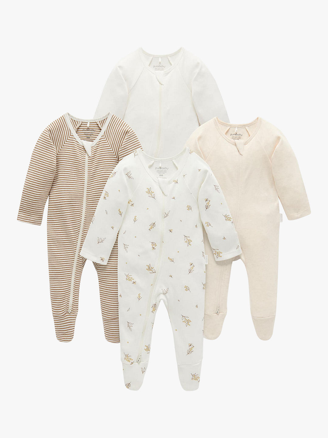 Purebaby Baby Organic Cotton Floral/Stripe/Plain Sleepsuits, Pack of 4, Vanilla Wattlebee