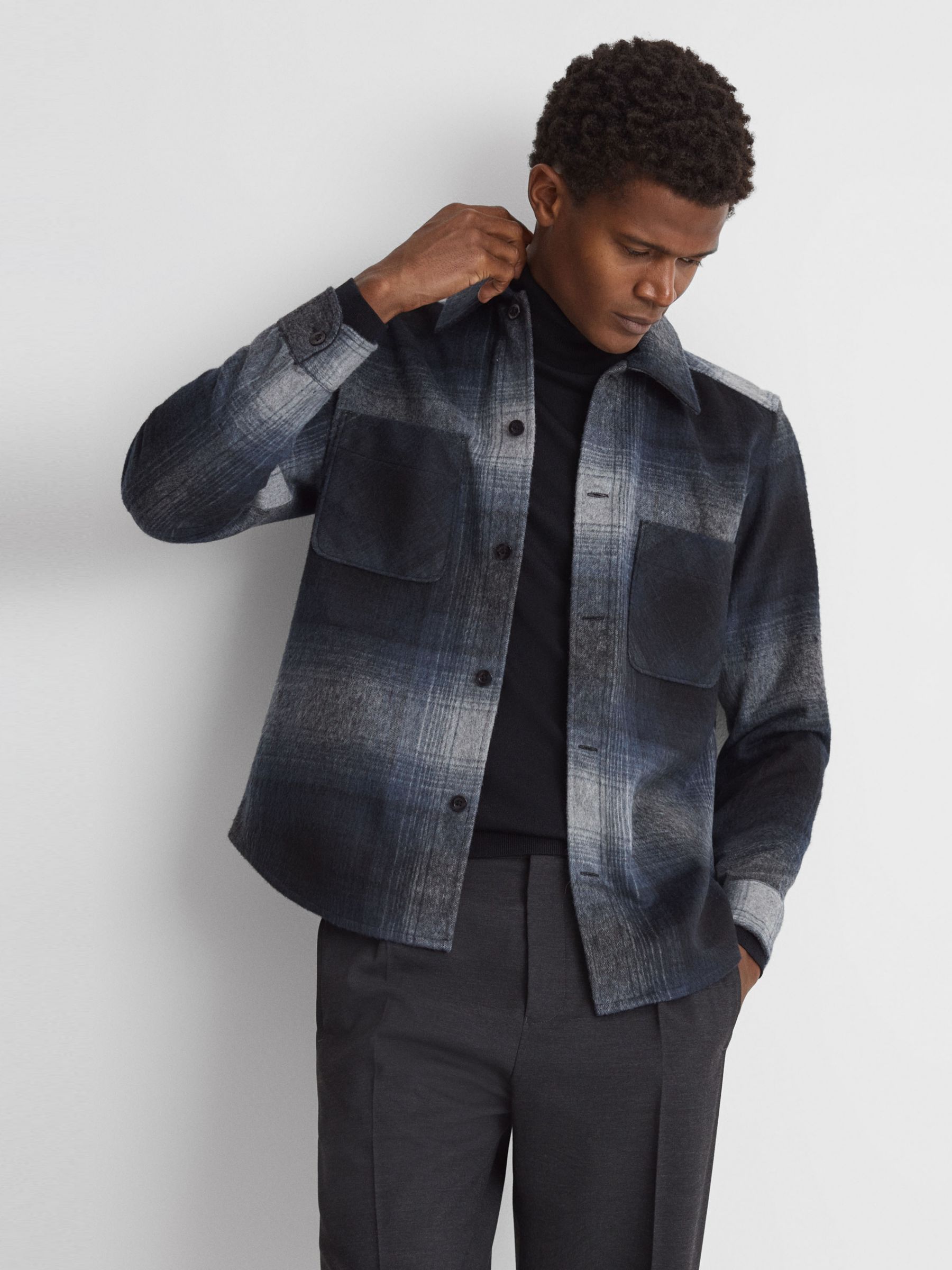 Reiss Idaho Wool Blend Brushed Checked Long Sleeve Shirt, Blue/Multi, XL