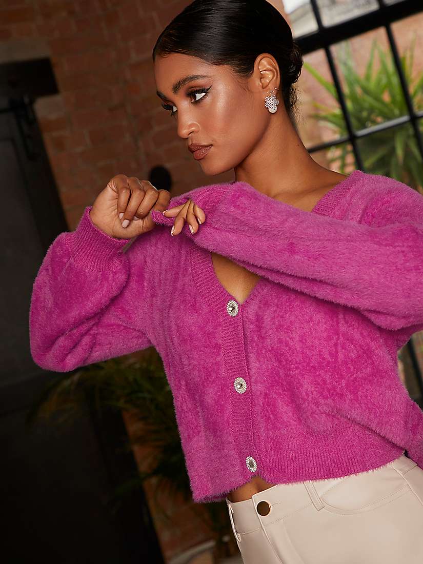 Chi Chi London Cropped Fluffy Cardigan, Pink at John Lewis & Partners