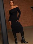 Chi Chi London Rib Knit Bodycon Bardot Midi Dress, Black