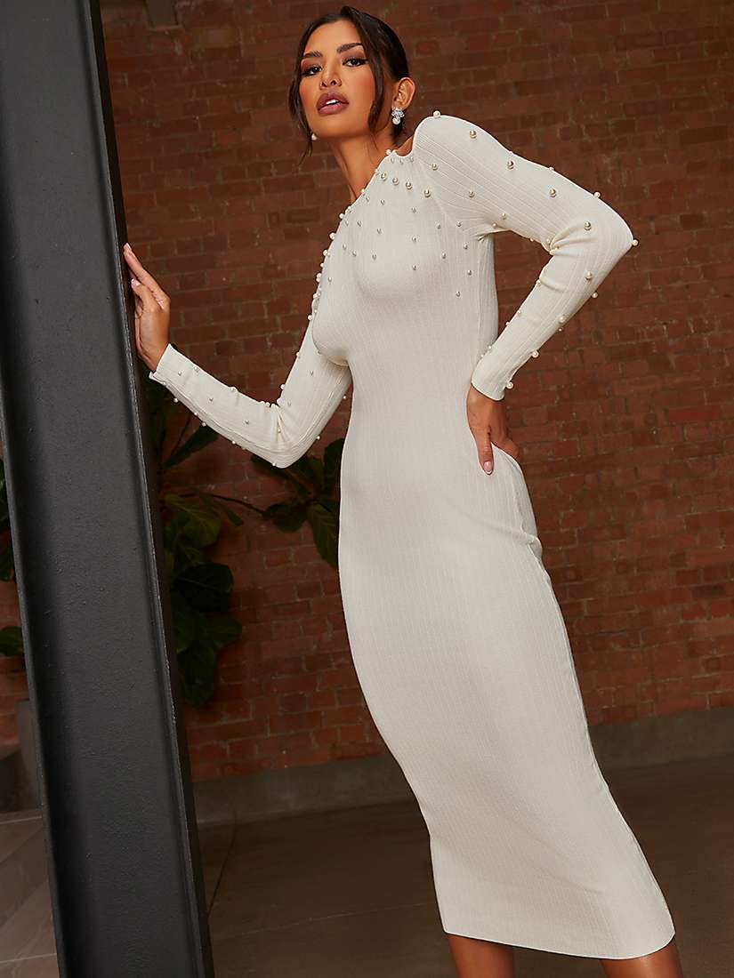 Buy Chi Chi London Pearl Detail Midi Dress, Cream Online at johnlewis.com