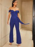 Chi Chi London Bardot Flared Leg Jumpsuit, Blue