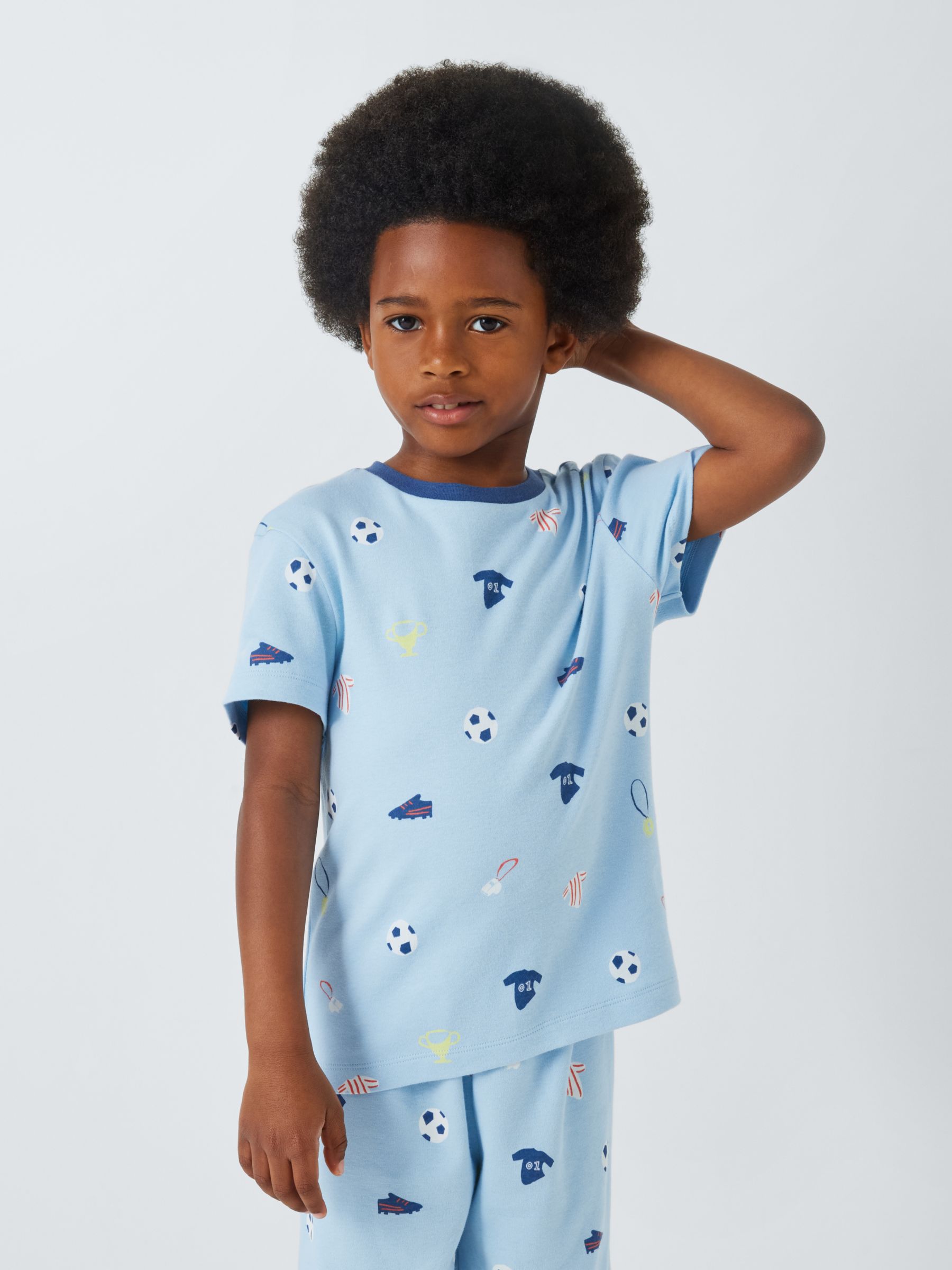 John Lewis Kids' Football Print Shorty Pyjamas, Blue/Multi, 13 years