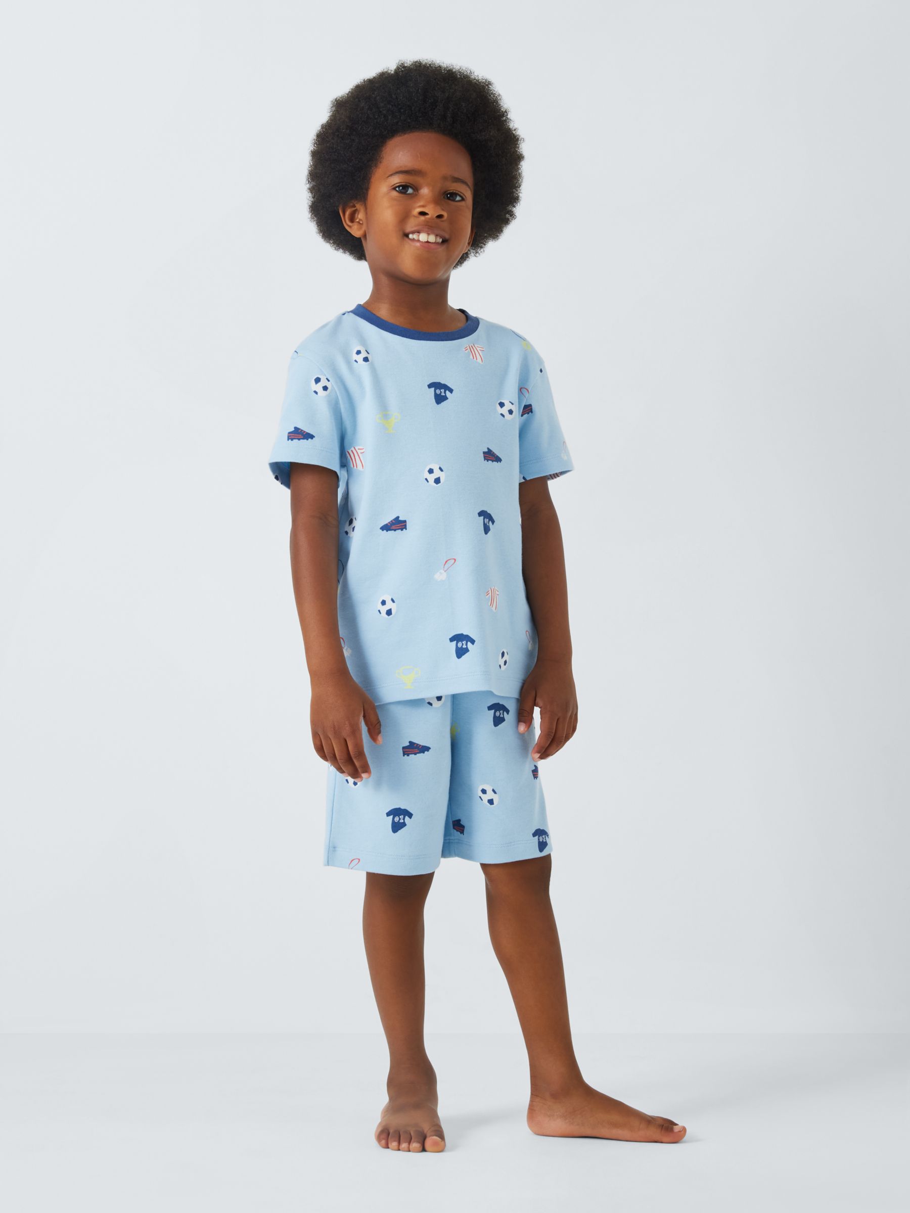 John Lewis Kids' Football Print Shorty Pyjamas, Blue/Multi, 13 years