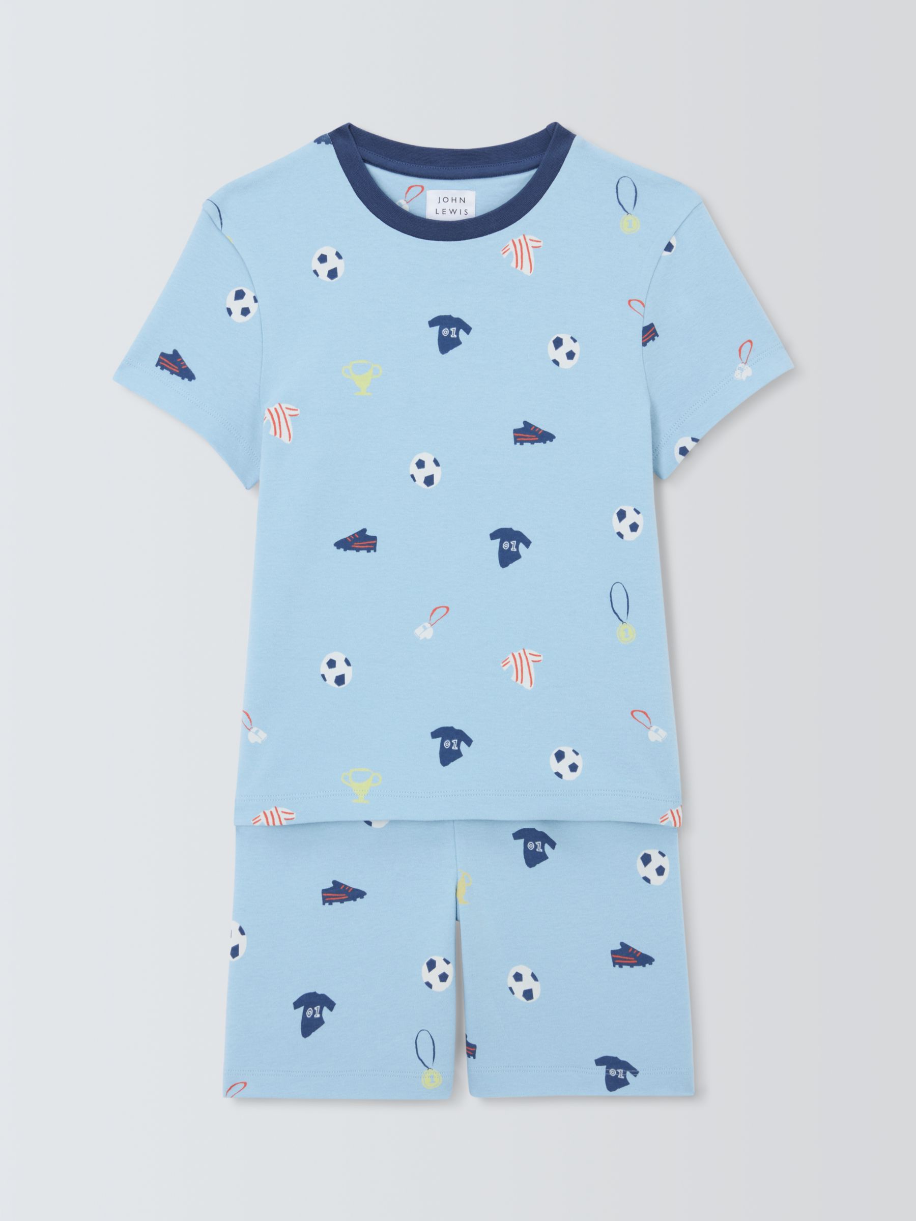 John Lewis Kids' Football Print Shorty Pyjamas, Blue/Multi, 13 years