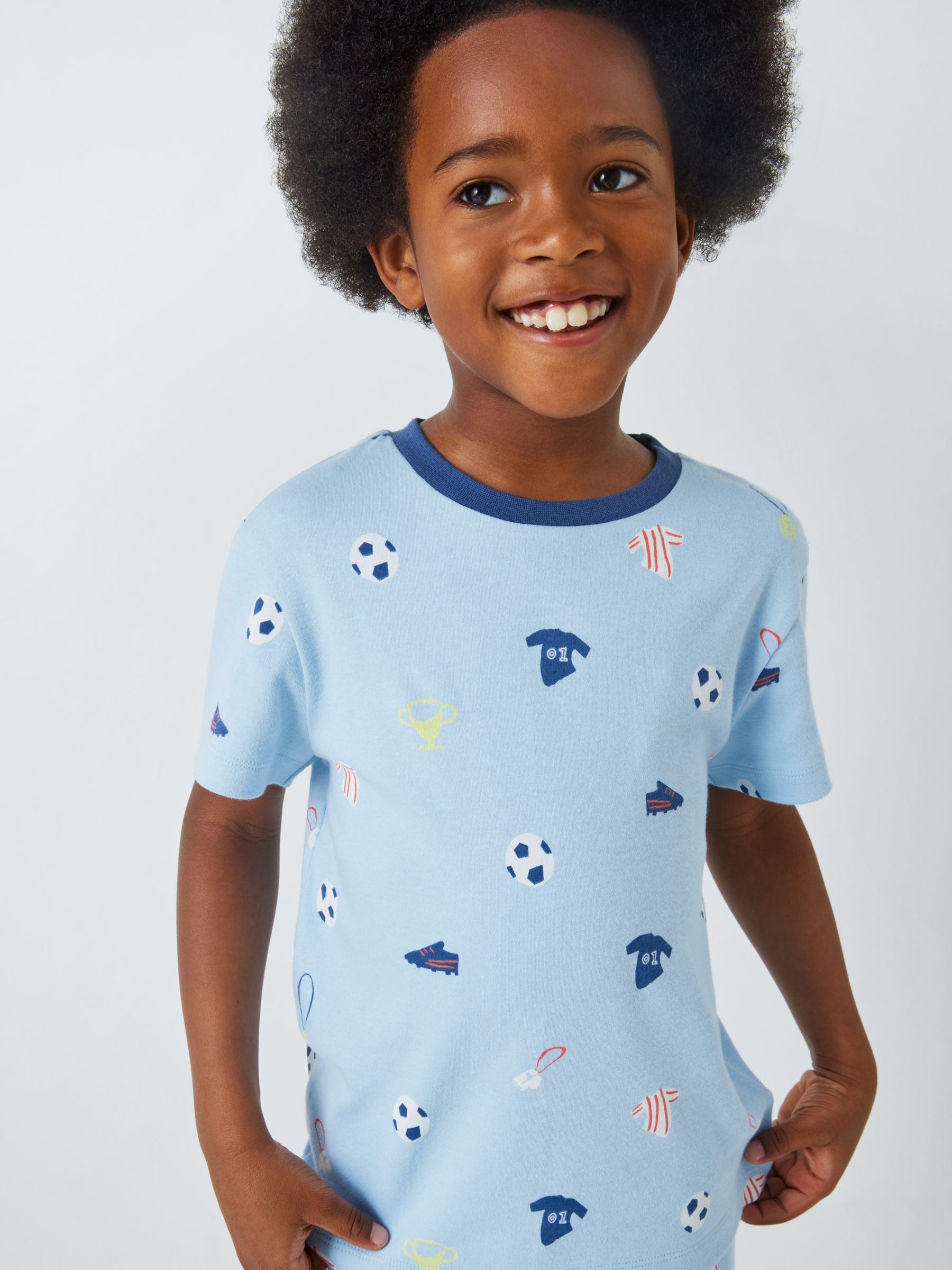 John Lewis Kids' Football Print Shorty Pyjamas, Blue/Multi, 13 years