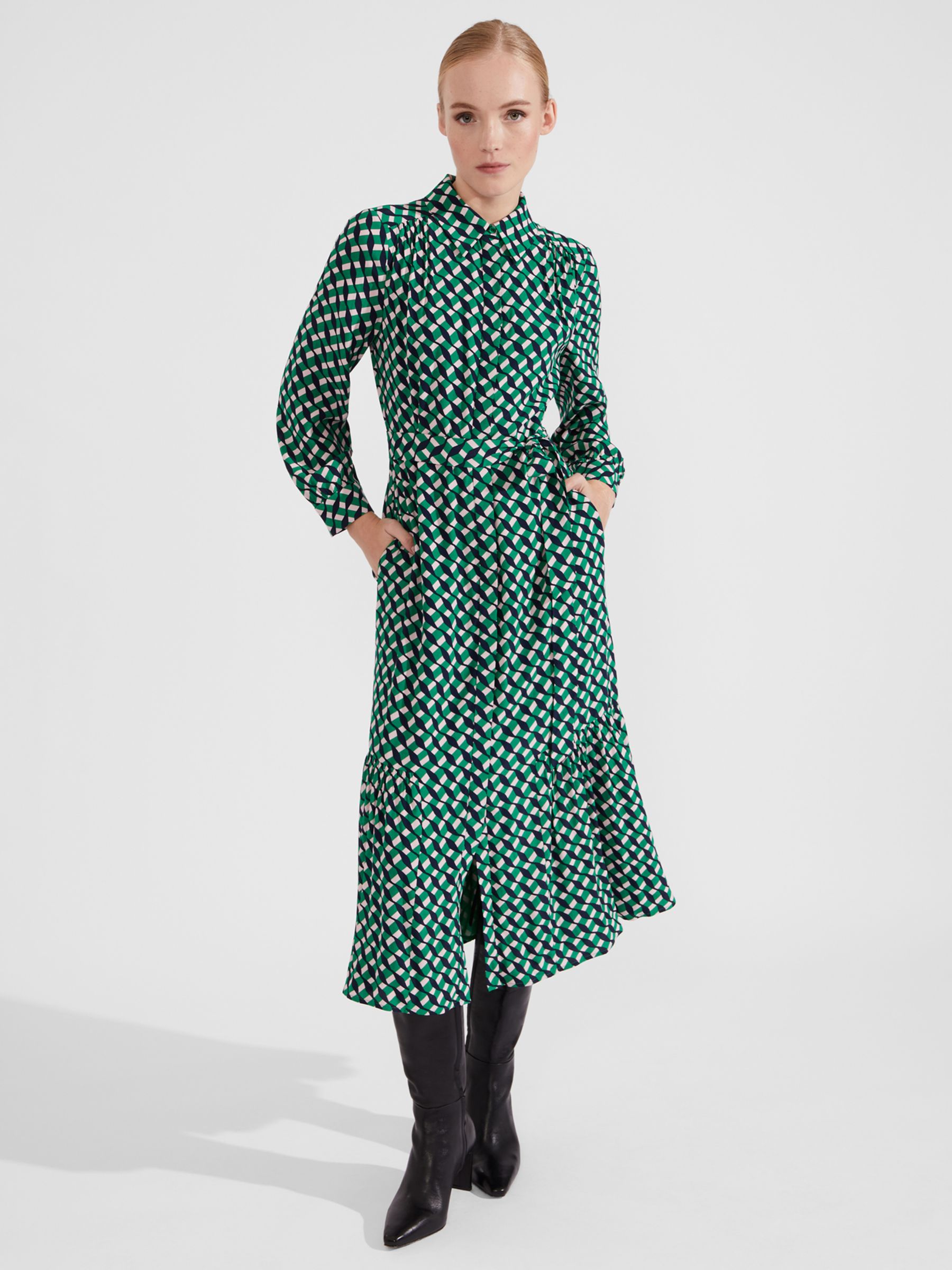 Hobbs Petite Emberly Geometric Print Midi Shirt Dress, Green/Multi, 10