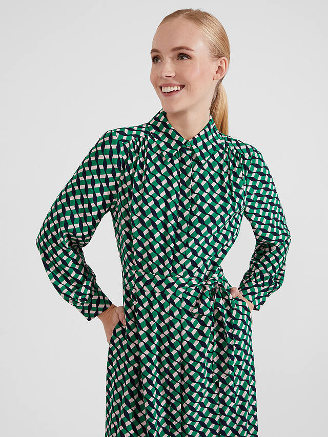 Hobbs Petite Emberly Geometric Print Midi Shirt Dress, Green/Multi