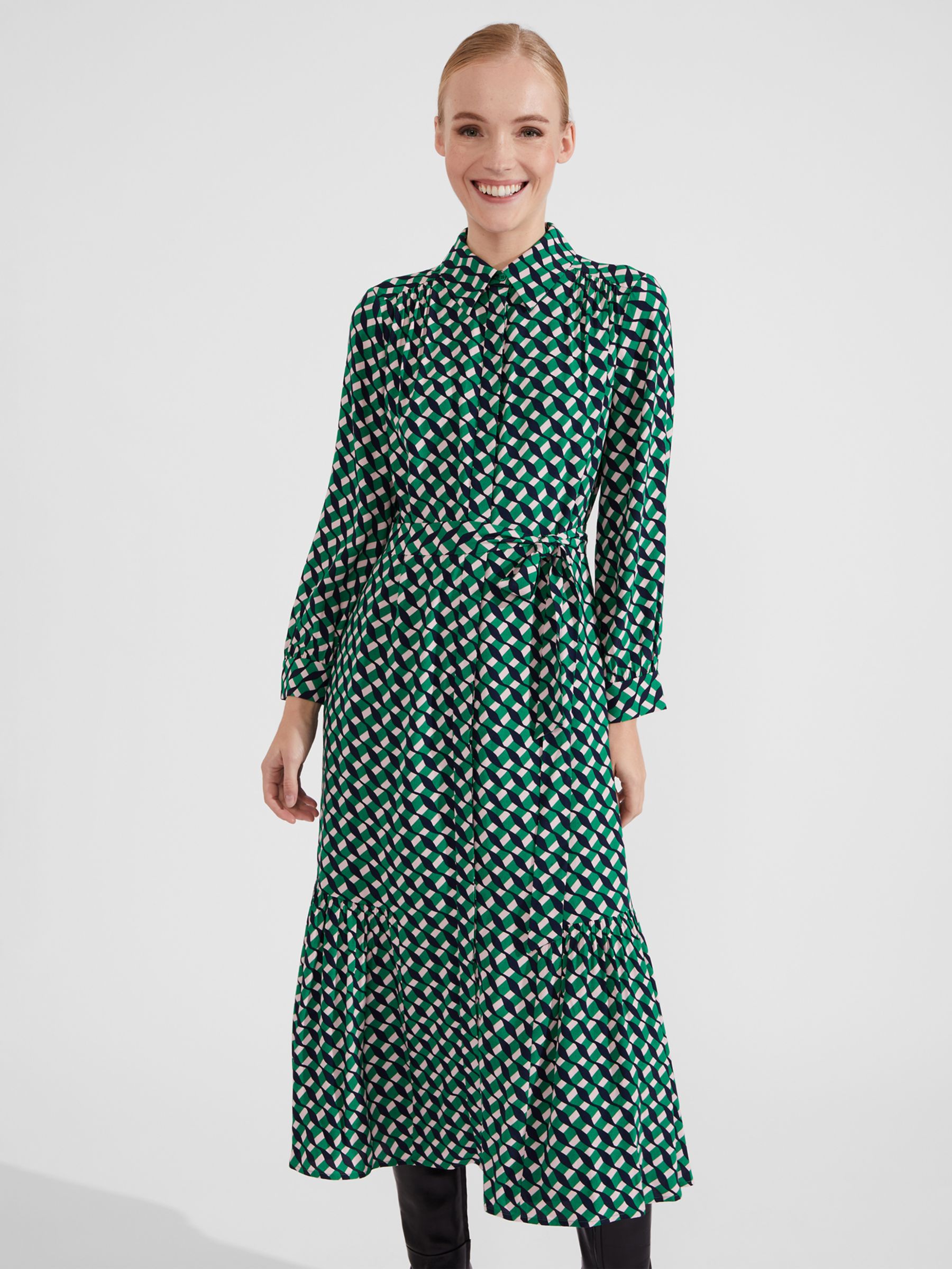 Hobbs Emberly Shirt Midi Dress, Green/Multi at John Lewis & Partners