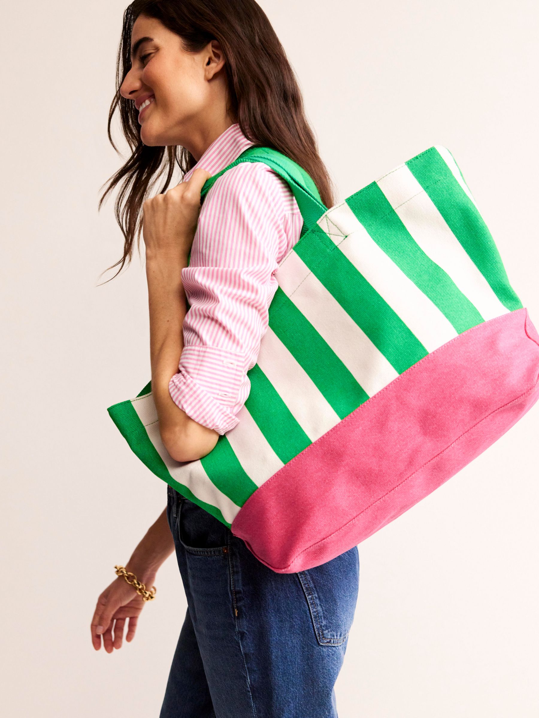 Boden Relaxed Canvas Stripe Tote Bag, Green/White/Pink, One Size