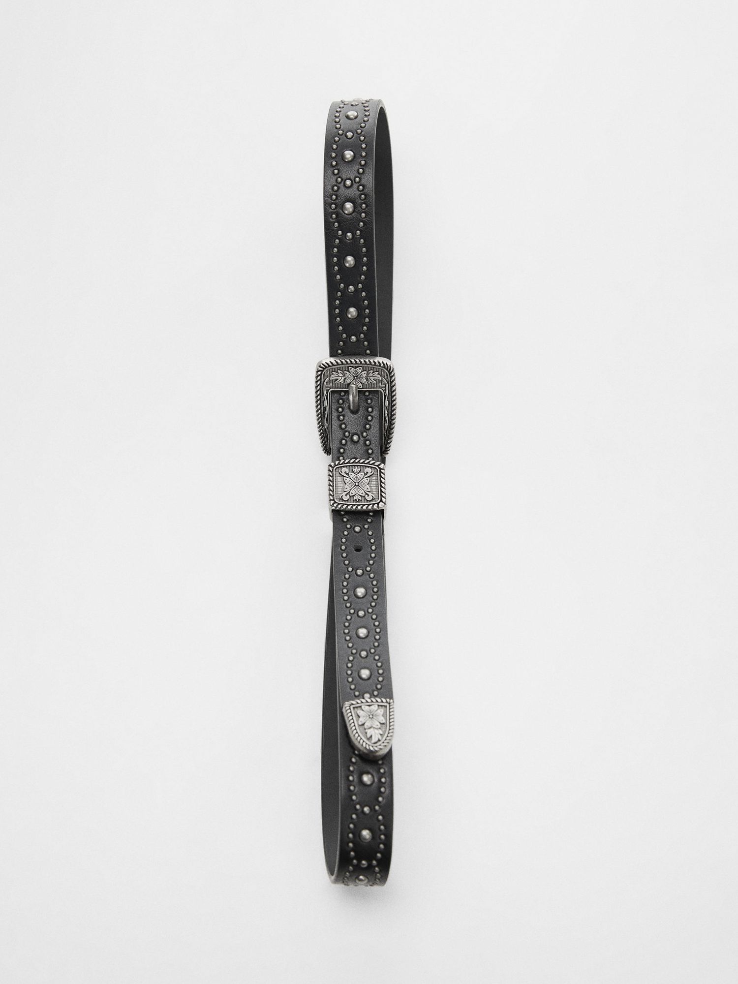 Mango Montana Engraved Buckle Embossed Belt, Black at John Lewis & Partners