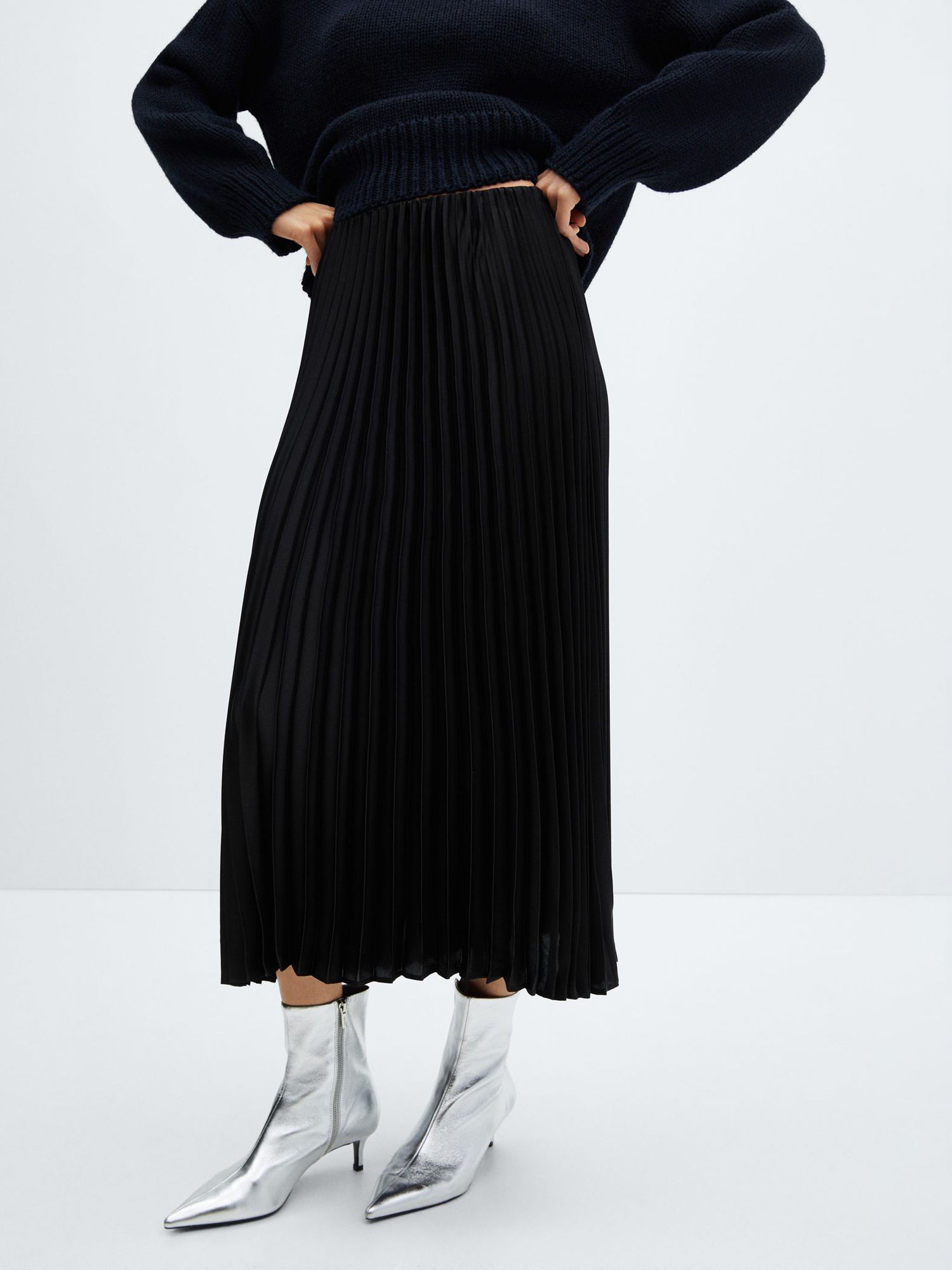 Mango Plisado Pleated Midi Satin Skirt, Black at John Lewis & Partners