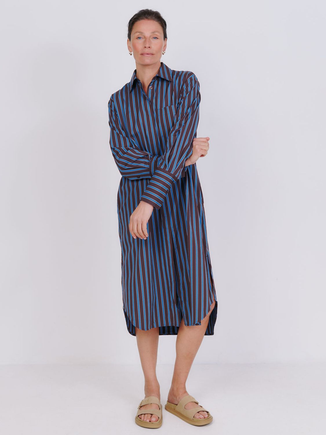 Vivere By Savannah Miller Sid Stripe Midi Shirt Dress, Blue/Brown, 16