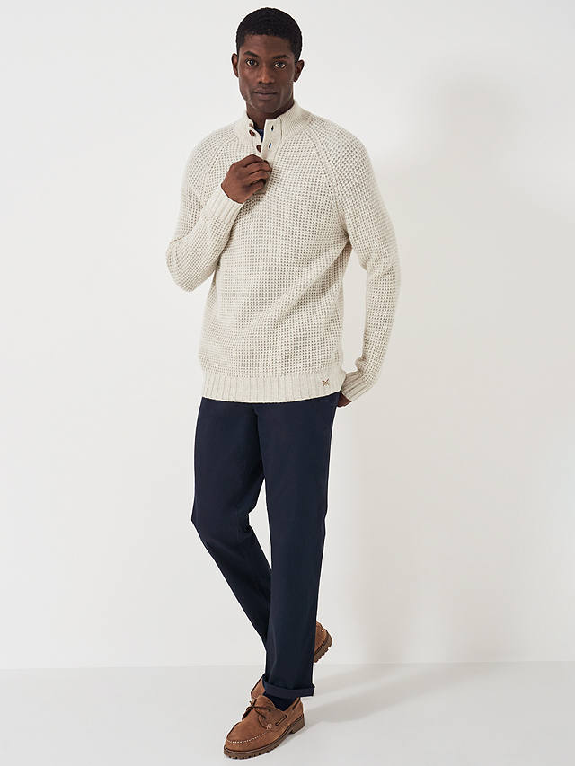 Crew Clothing Wilden Wool Blend Button Neck Waffle Knit Jumper, Oatmeal