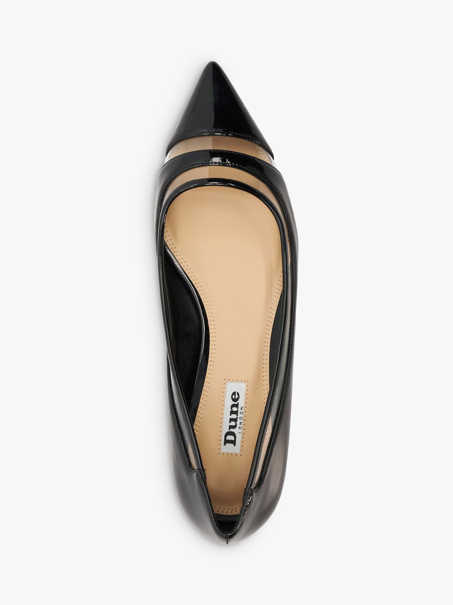 Dune Hepburn Vinyl Panel Patent Pointed Toe Court Shoes, Black, EU36