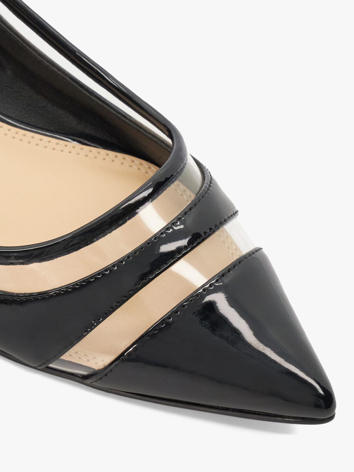 Dune Hepburn Vinyl Panel Patent Pointed Toe Court Shoes Black at