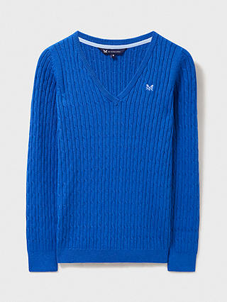 Crew Clothing Heritage Cable Knit V-Neck Jumper, Bright Blue