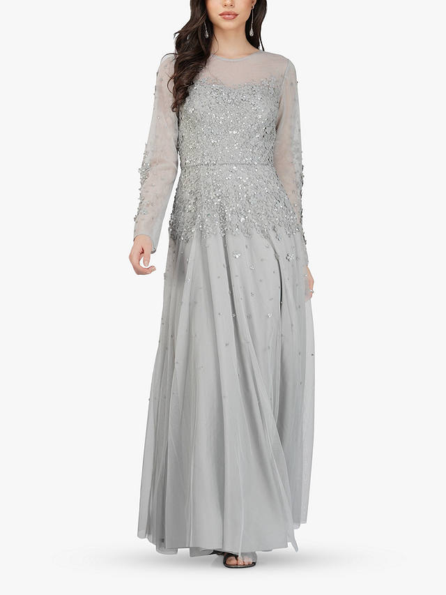 Lace & Beads Luciene Long Sleeve Embellished Maxi Dress, Grey